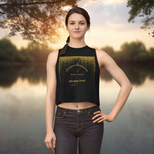 Woman wearing a black sleeveless top with gold Essence Innovation 'Design Meets Soul' text against a natural background