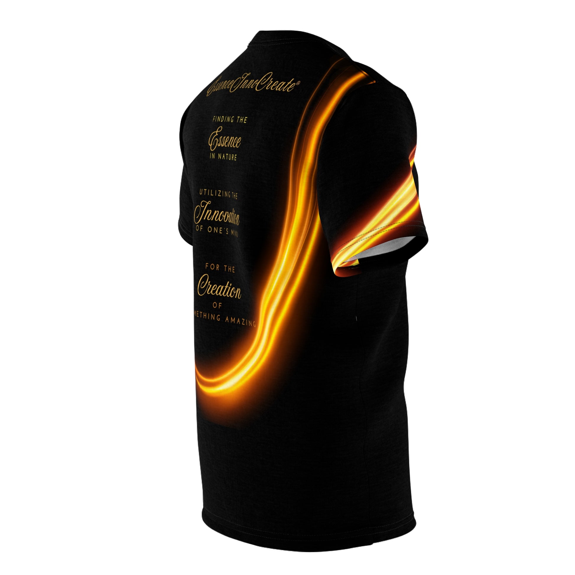 Black 'EssenceInnoCreate' t-shirt with fiery design and text on a white background