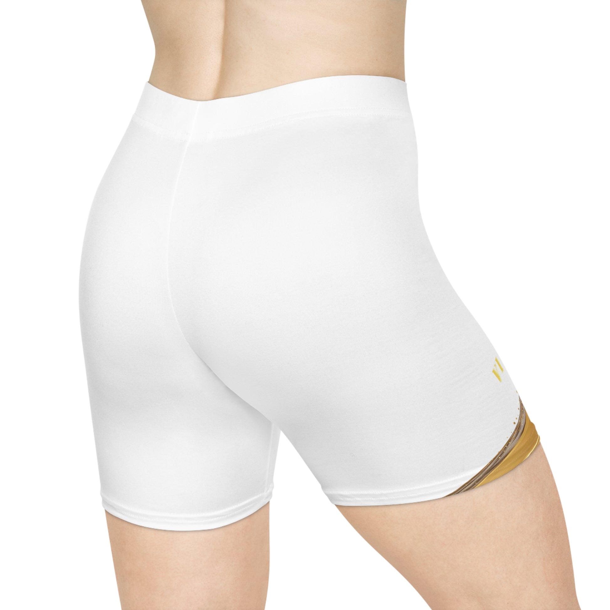 White athletic shorts with a gold logo on a white background