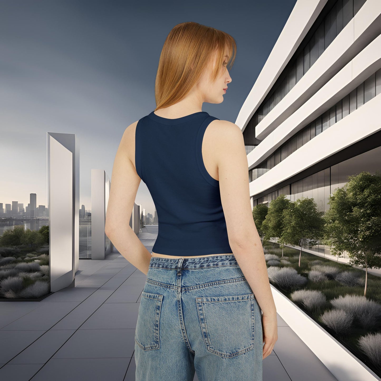 Woman standing in a modern urban setting with a building and cityscape in the background