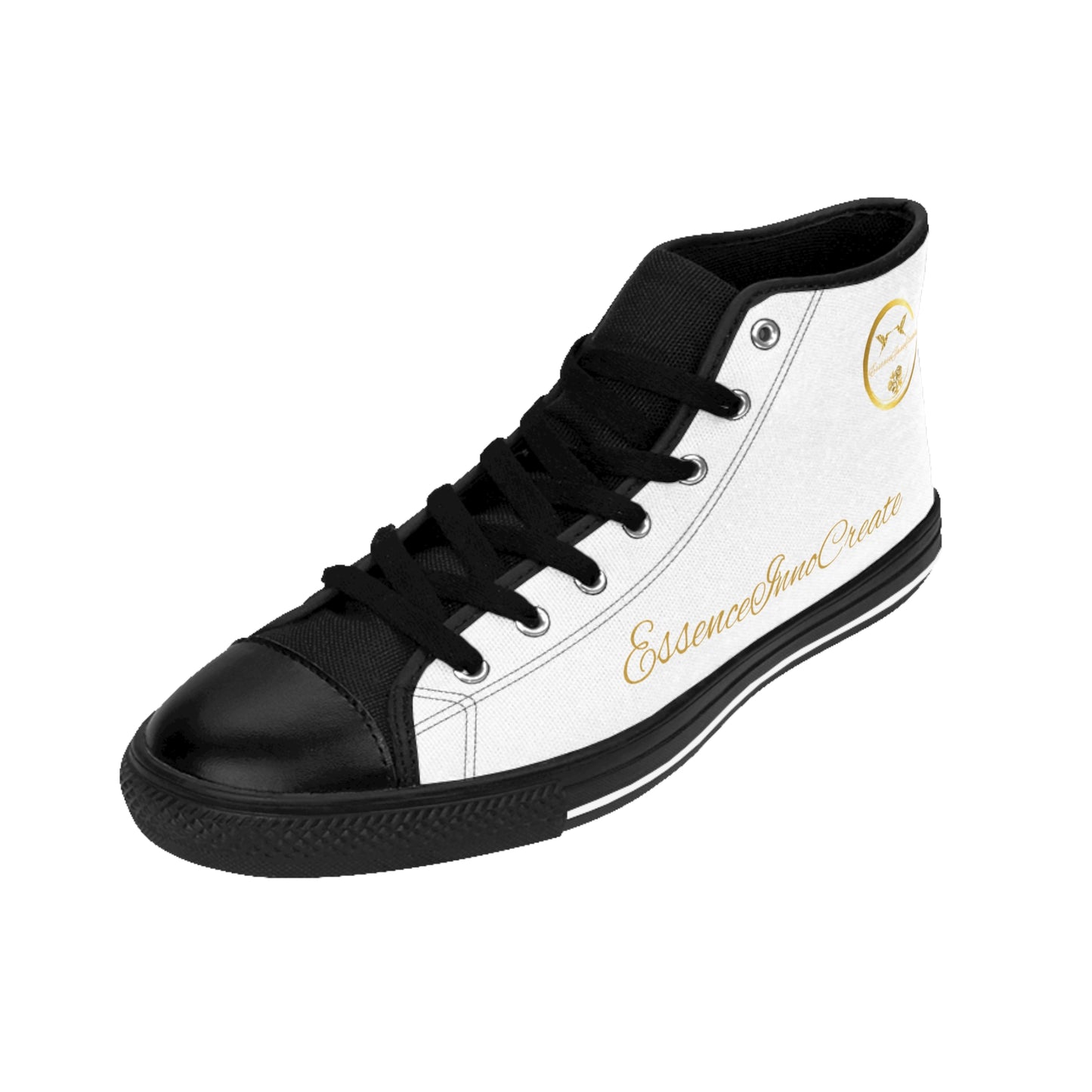 Black high-top 'EssenceInnoCreate' sneakers with white geometric pattern on a white background