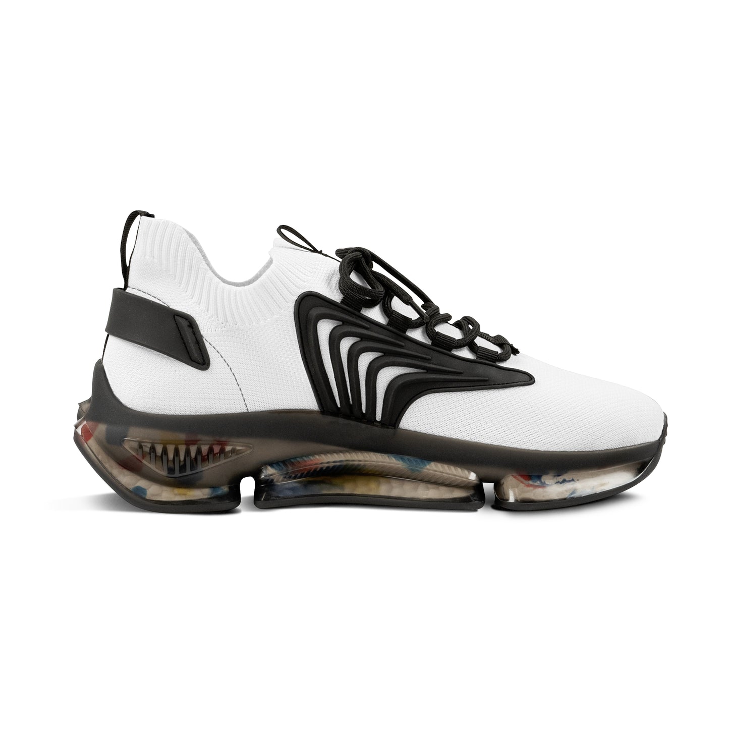 White and black 'EssenceInnoCreate' sneaker with unique sole design on a white background