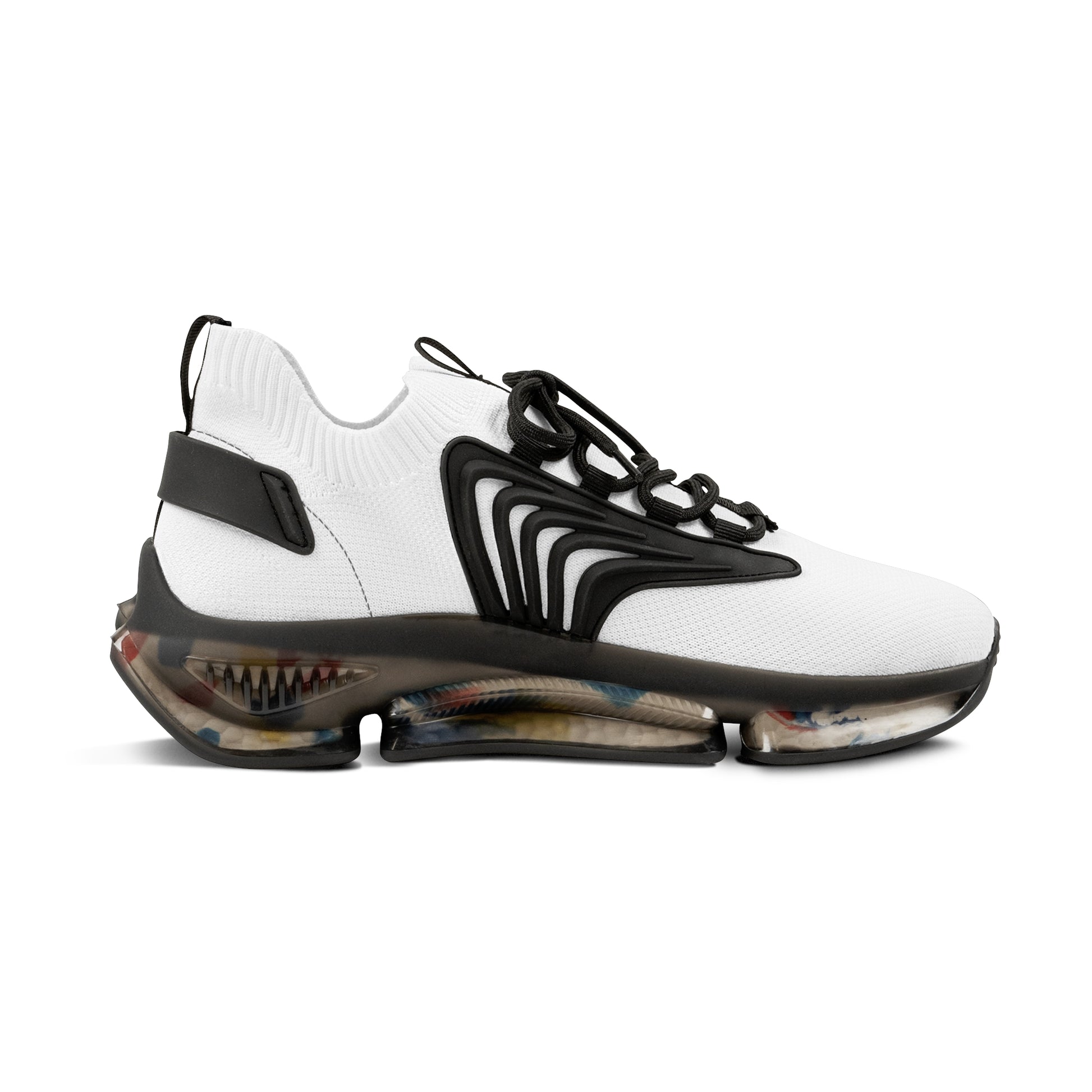 White and black 'EssenceInnoCreate' sneaker with unique sole design on a white background
