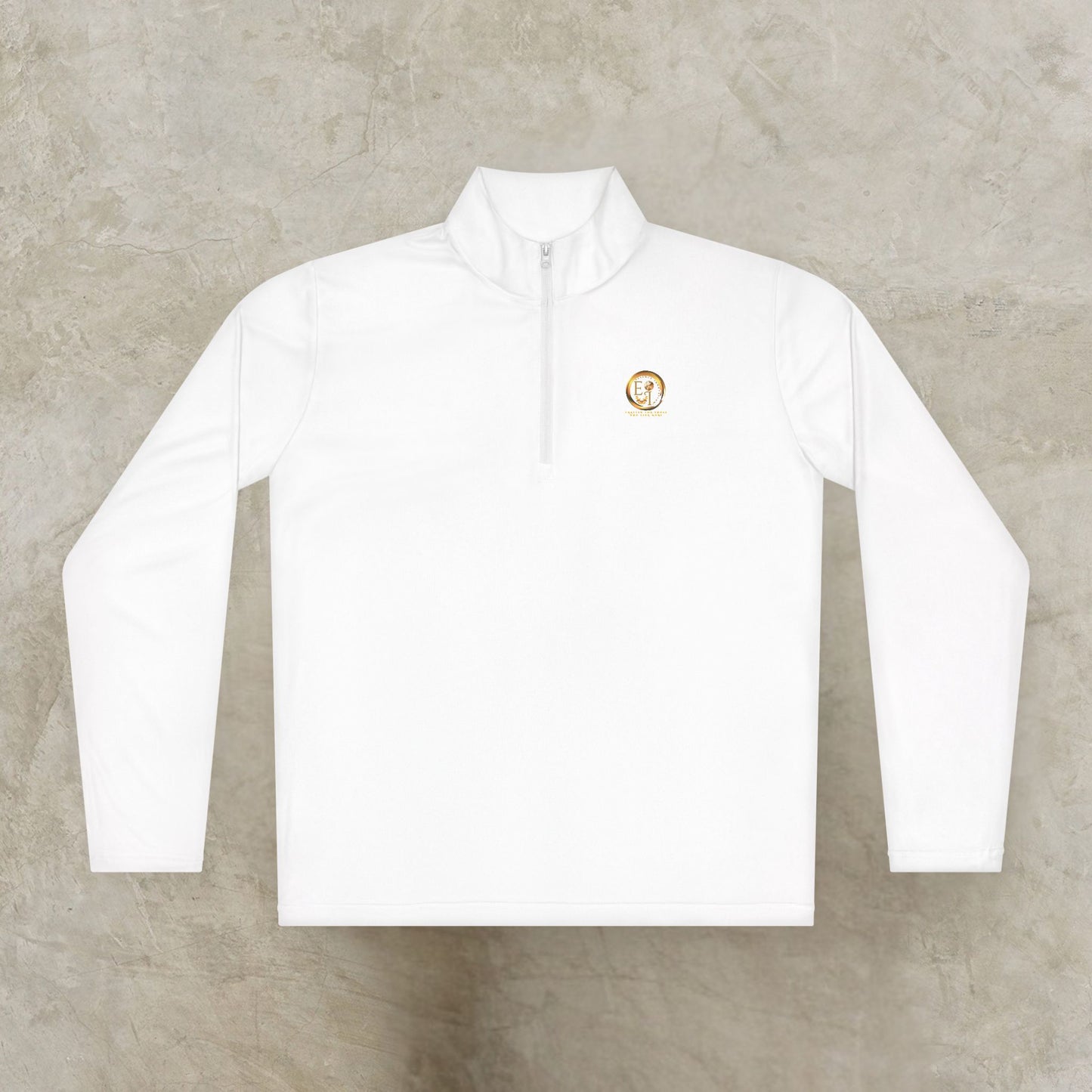 White long-sleeve Essence Innovation Seek More shirt with a logo on a beige background