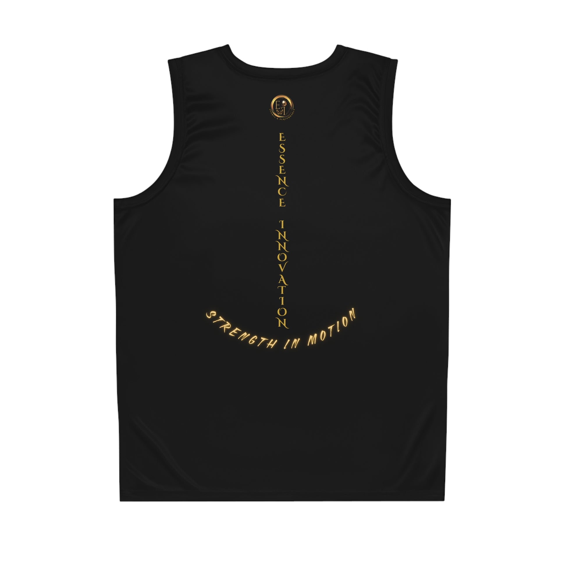 Black tank top with gold text on a white background