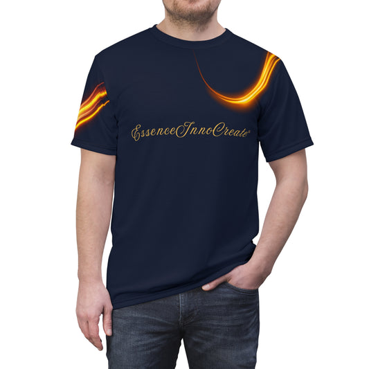 Person wearing a navy blue t-shirt with 'EssenceInnoCreate' text and flame designs on sleeves.