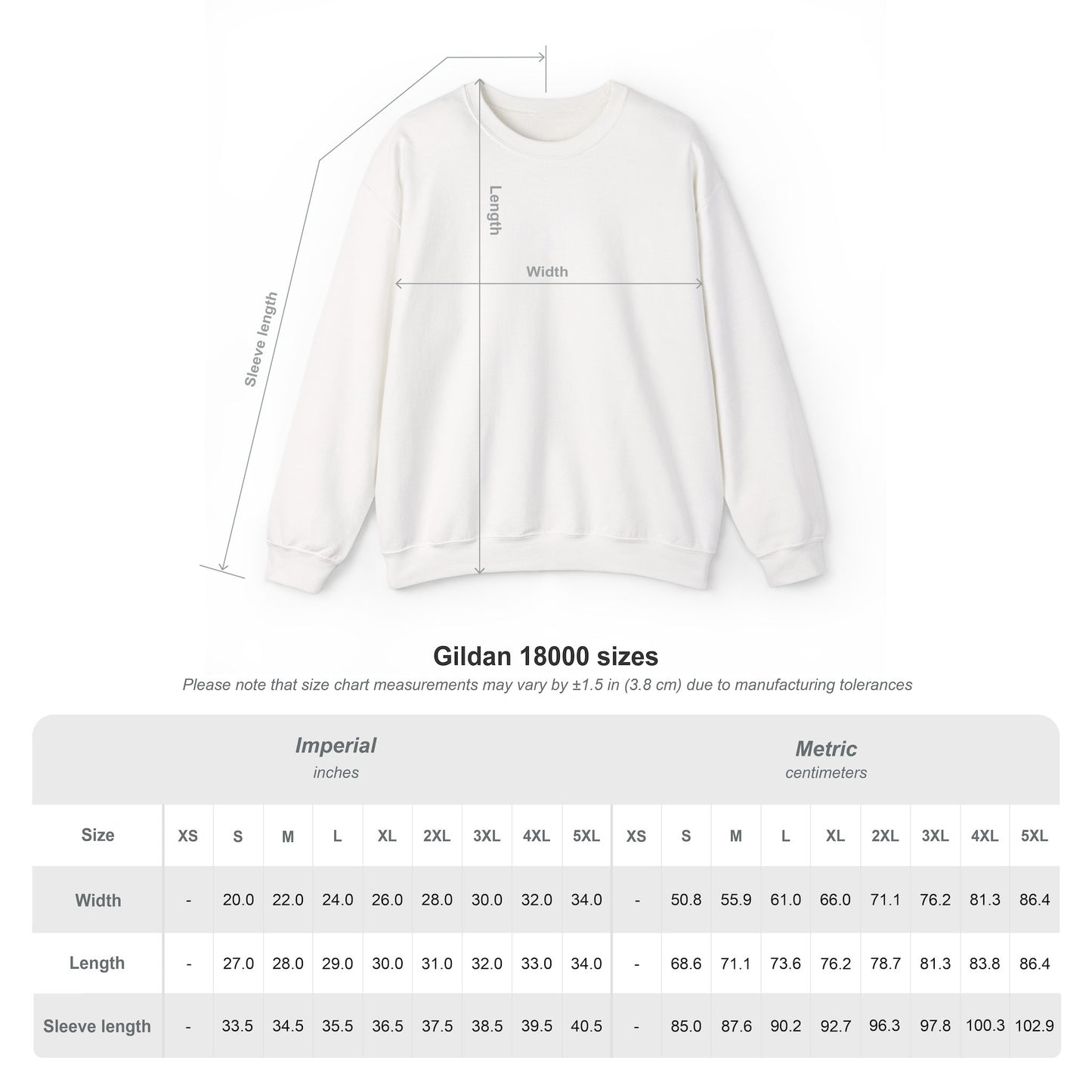 White EssenceInnoCreate Quiet Resolve sweatshirt with measurement chart on a white background