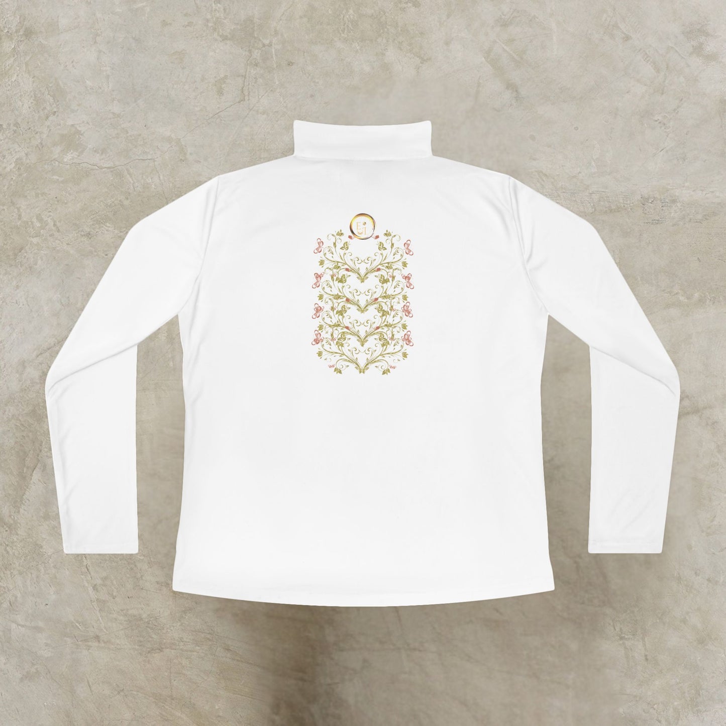 White long-sleeve shirt with an Essence Innovation Bohemian Butterfly floral design on a beige background