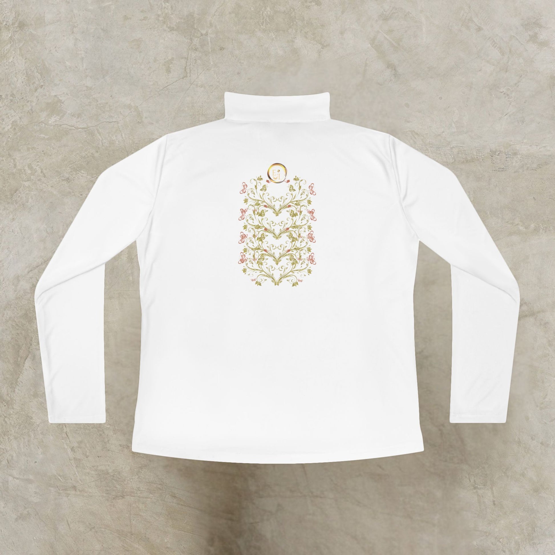 White long-sleeve shirt with an Essence Innovation Bohemian Butterfly floral design on a beige background