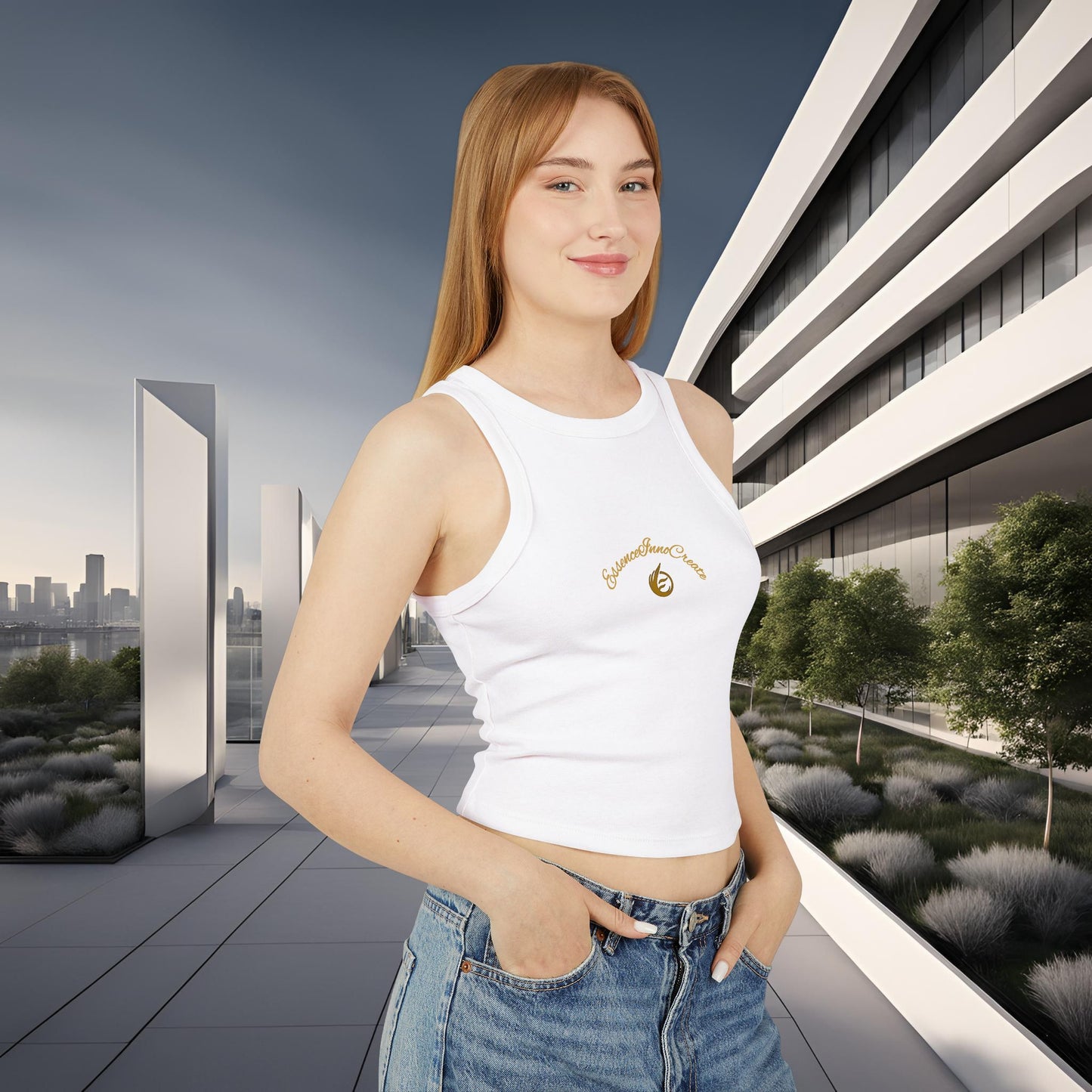 Woman wearing a white sleeveless top with a EssenceInnoCreate logo in an urban setting