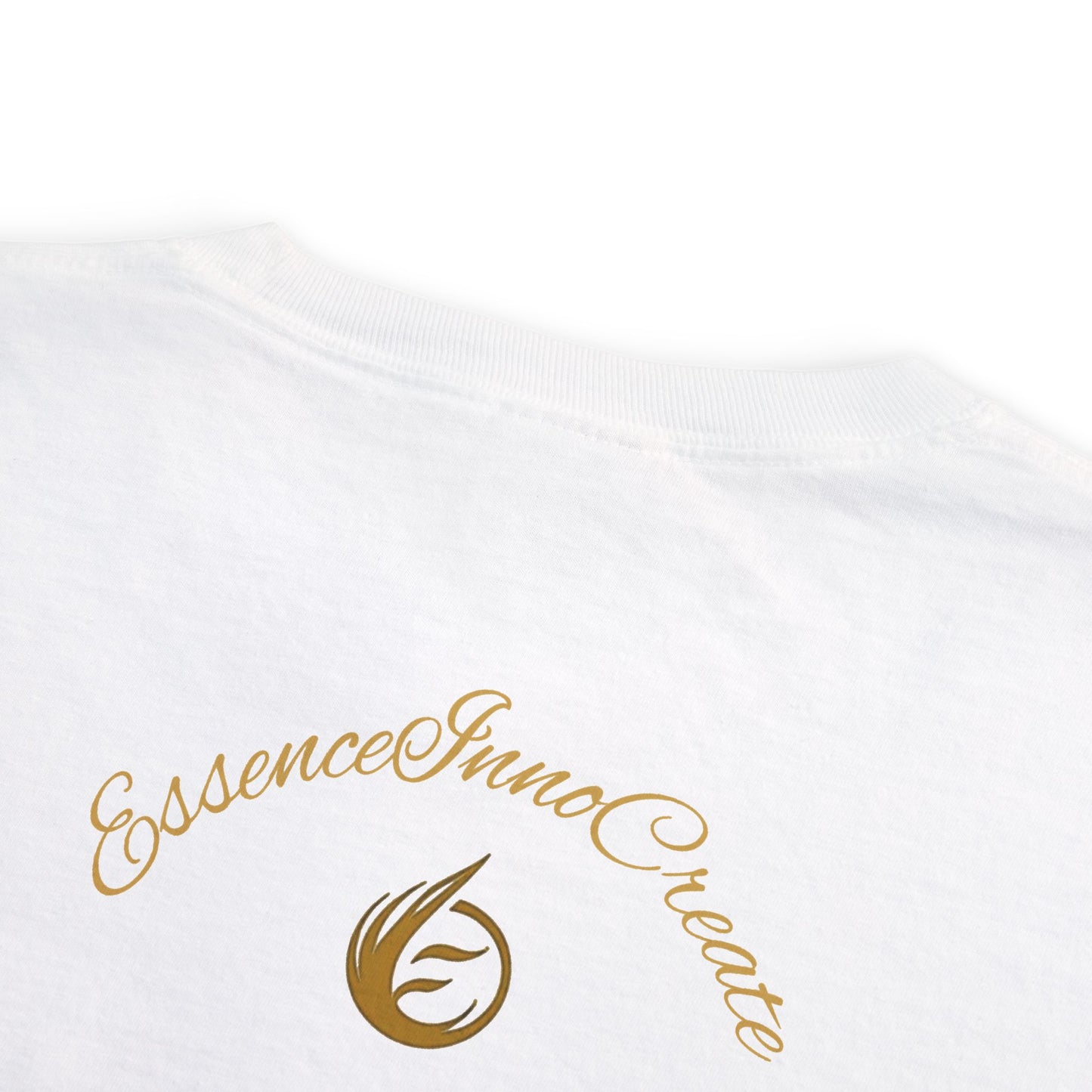 White shirt with gold 'EssenceInnoCreate' logo on a white background
