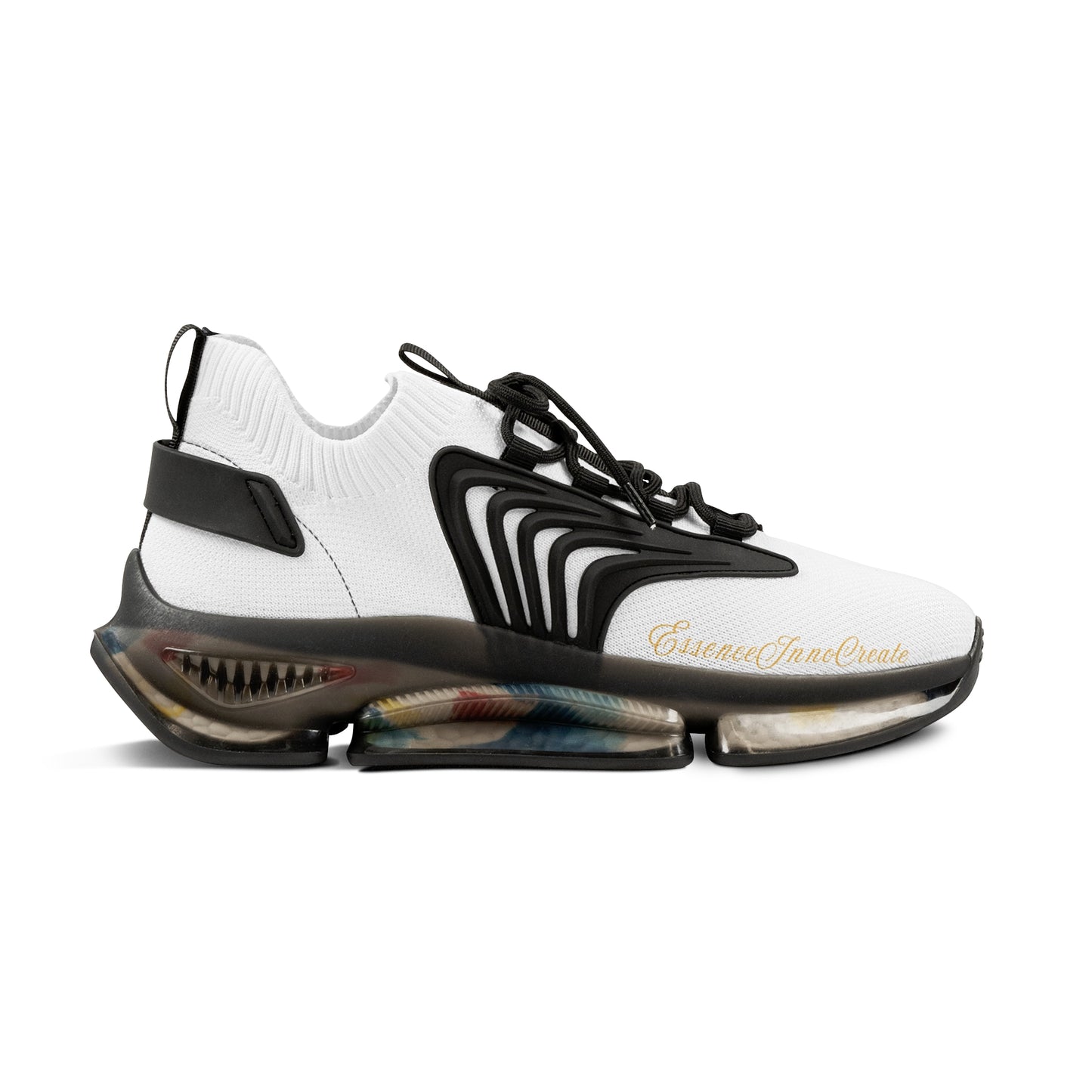 White and black 'EssenceInnoCreate' sneaker with unique sole design on a white background