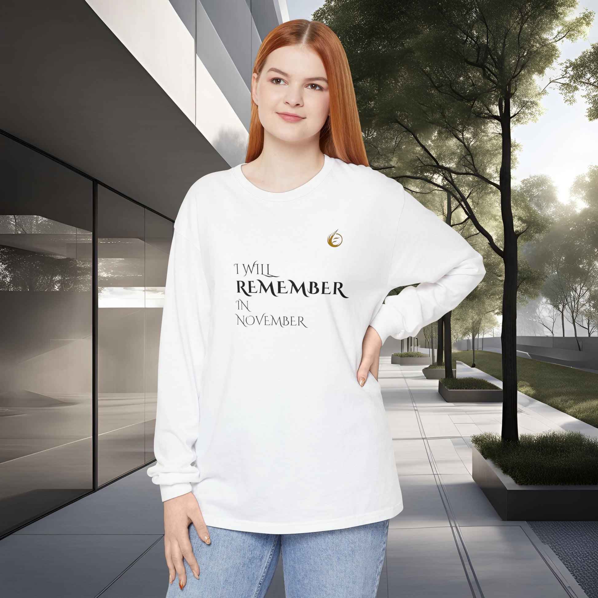 Person wearing a white EssenceInnoCreate Quiet Resolve sweatshirt with text standing outdoors.