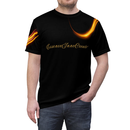 Person wearing a black t-shirt with 'EssenceInnoCreate' design on a white background