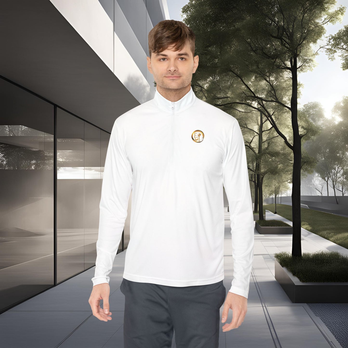 Man wearing a white jacket with an Essence Innovation logo in an outdoor setting