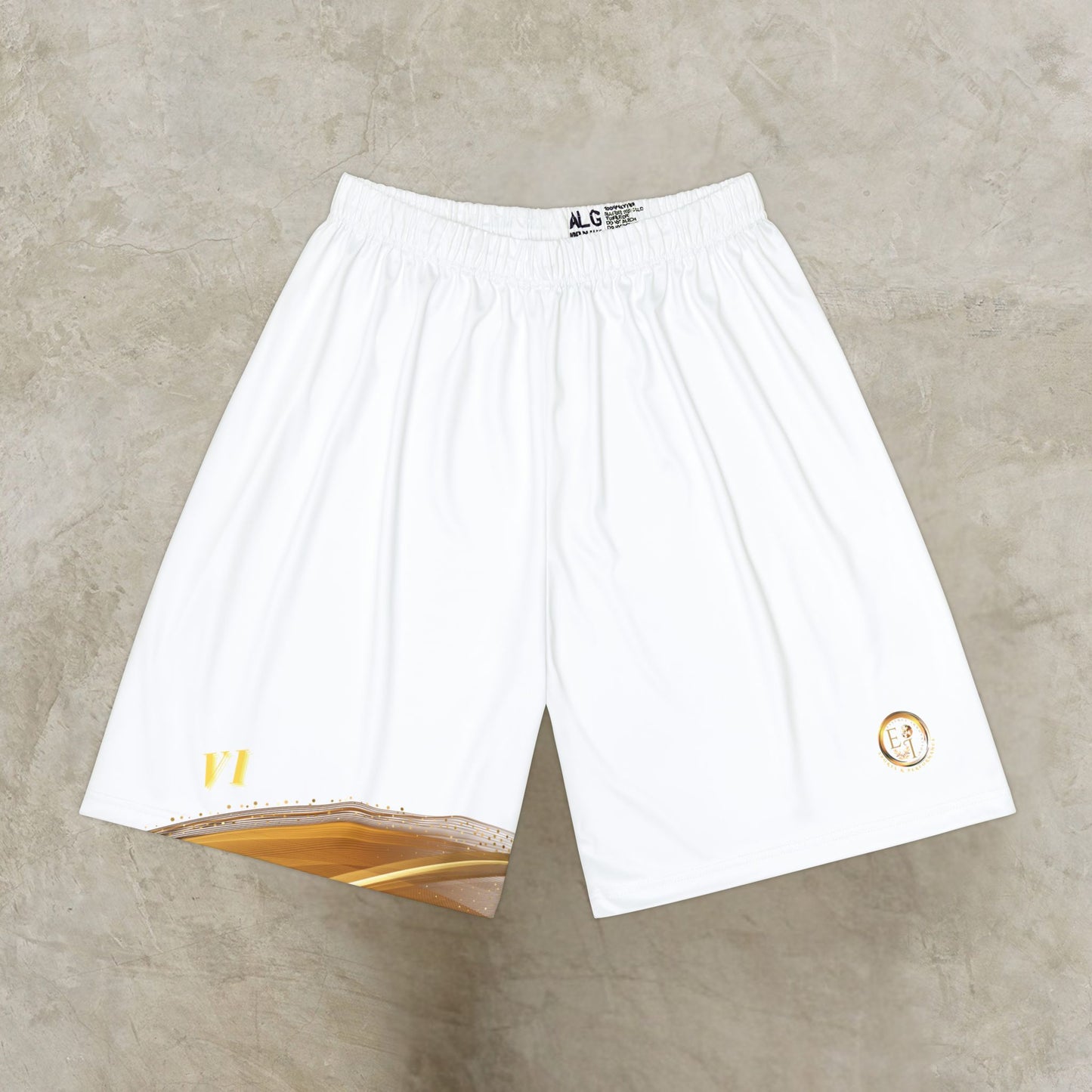 White shorts with logos on a beige background