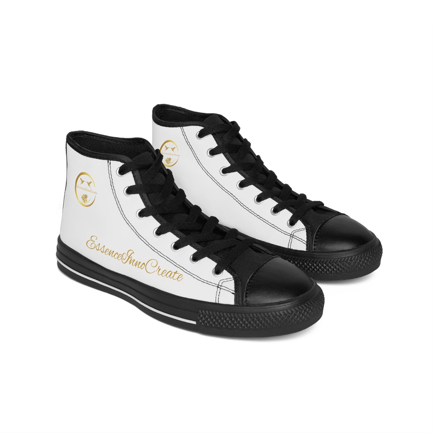 Black and white high-top 'EssenceInnoCreate' sneakers with branding on a white background