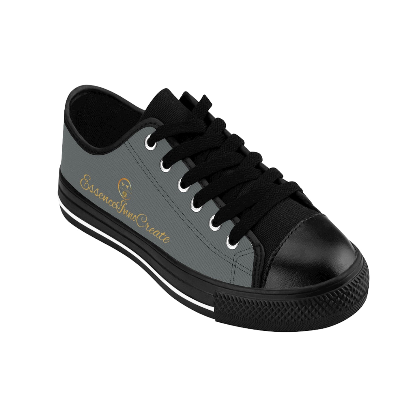 Black and gray 'EssenceInnoCreate' sneaker with text on a white background