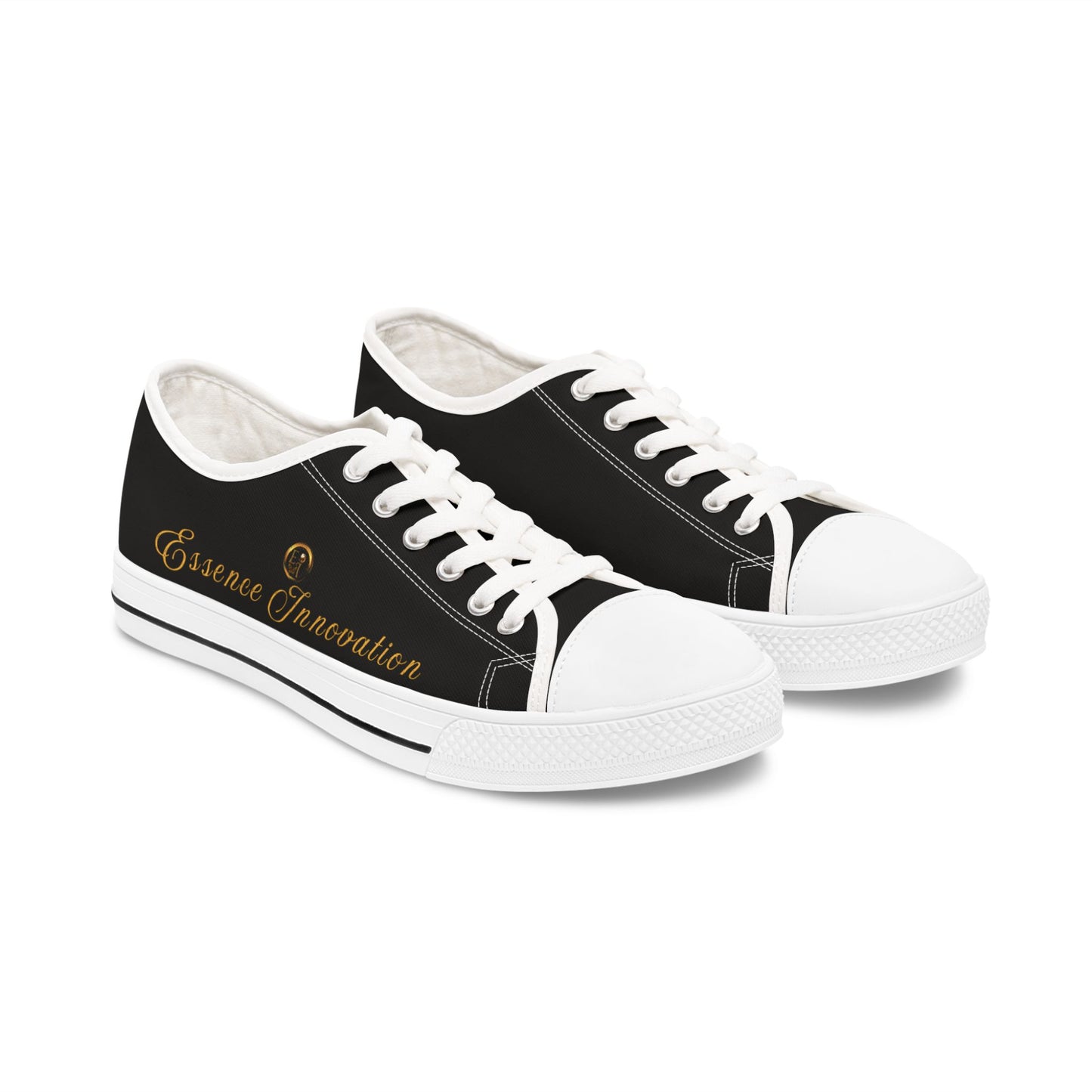 Black Essence Innovation sneakers with white soles and red floral design on a white background