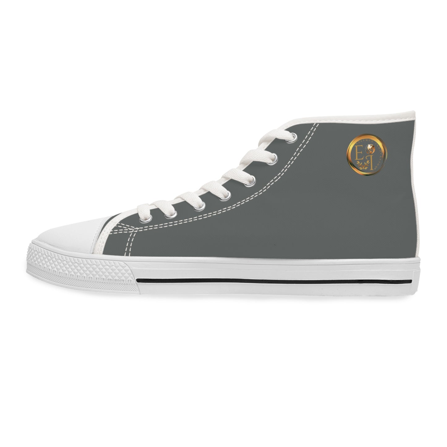 Gray high-top 'Essence Innovation' sneaker with white laces and a logo on a white background