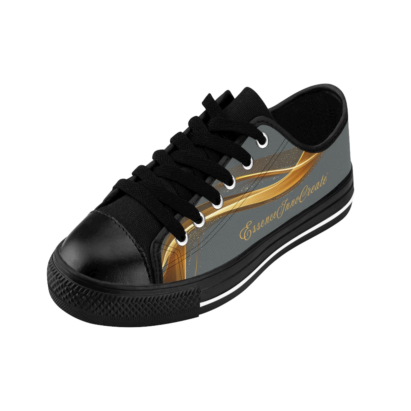 Black and gold sneaker with 'EssenceInnoCreate' branding on a white background