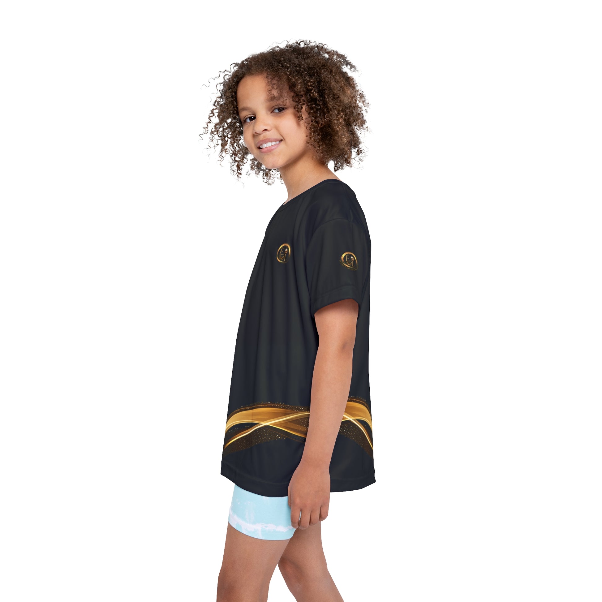 Child wearing a black Essence Innovation t-shirt with gold accents on a white background