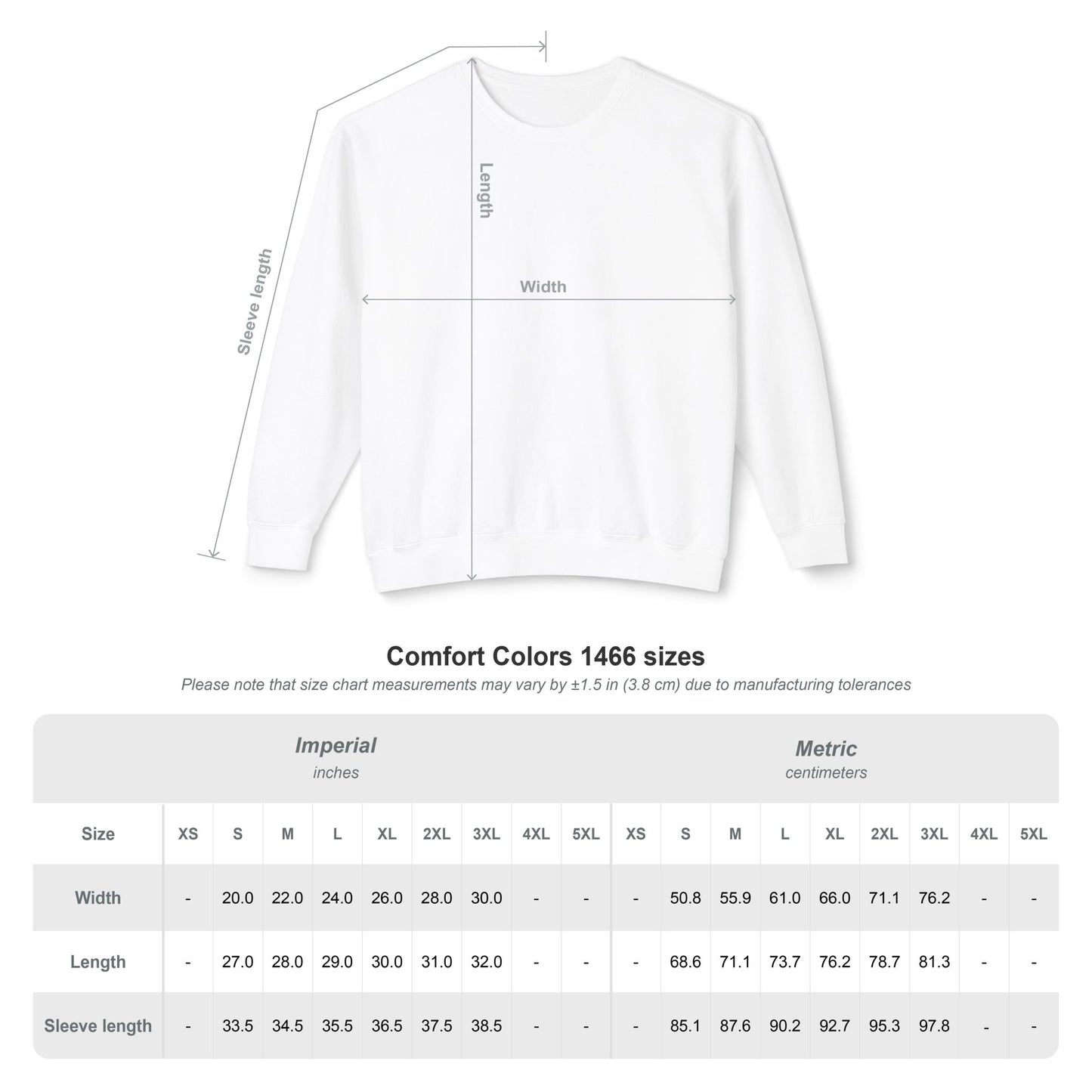 Measurement chart for a white sweatshirt with size chart details.