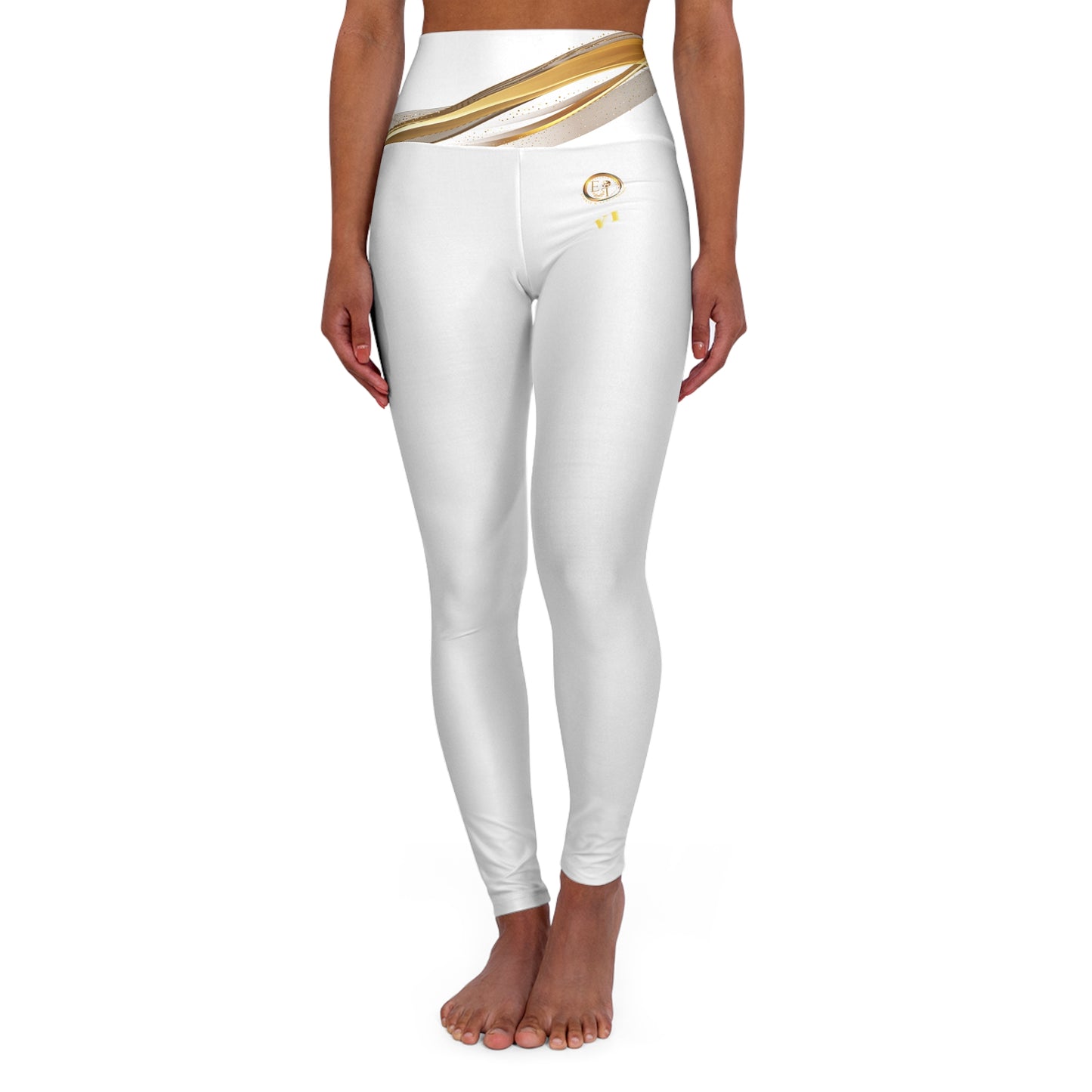White leggings with a gold waistband on a white background