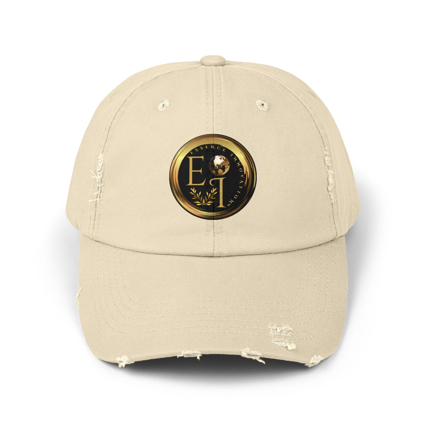 Beige Essence Innovation cap with a gold and black logo on a white background