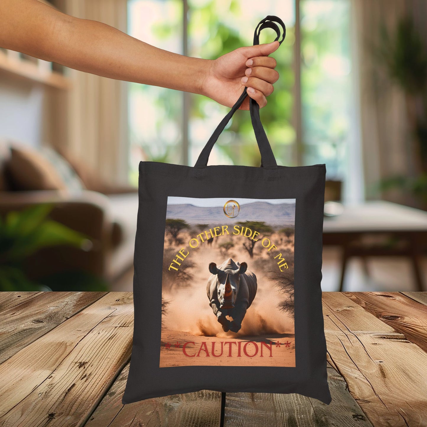 Caution Rhino Cotton Canvas Tote Bag, Eco-Friendly Shopping Bag, Animal Lovers Gift, Beach Tote, Adventure Carryall