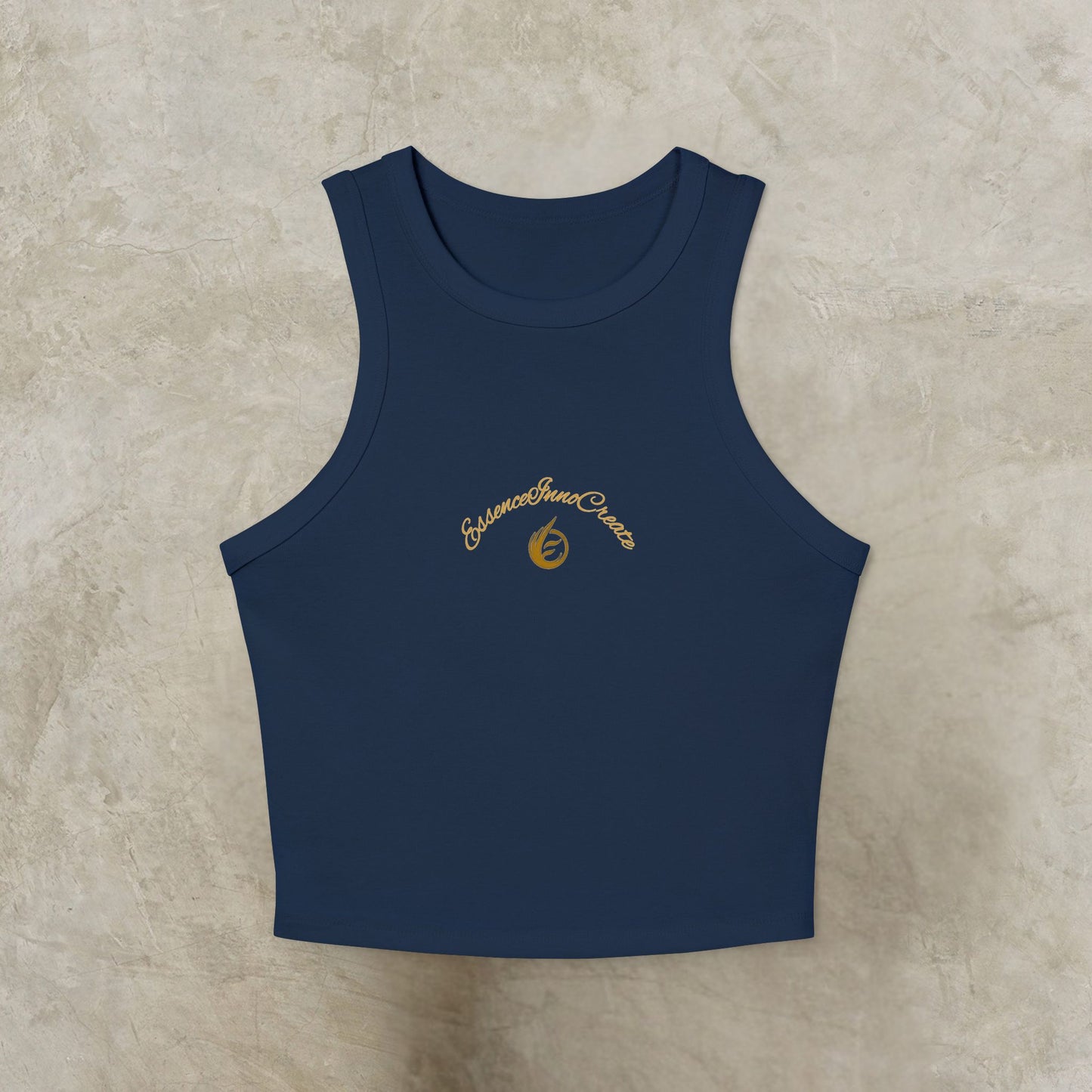 Navy blue tank top with yellow EssenceInnoCreate logo on a beige textured background