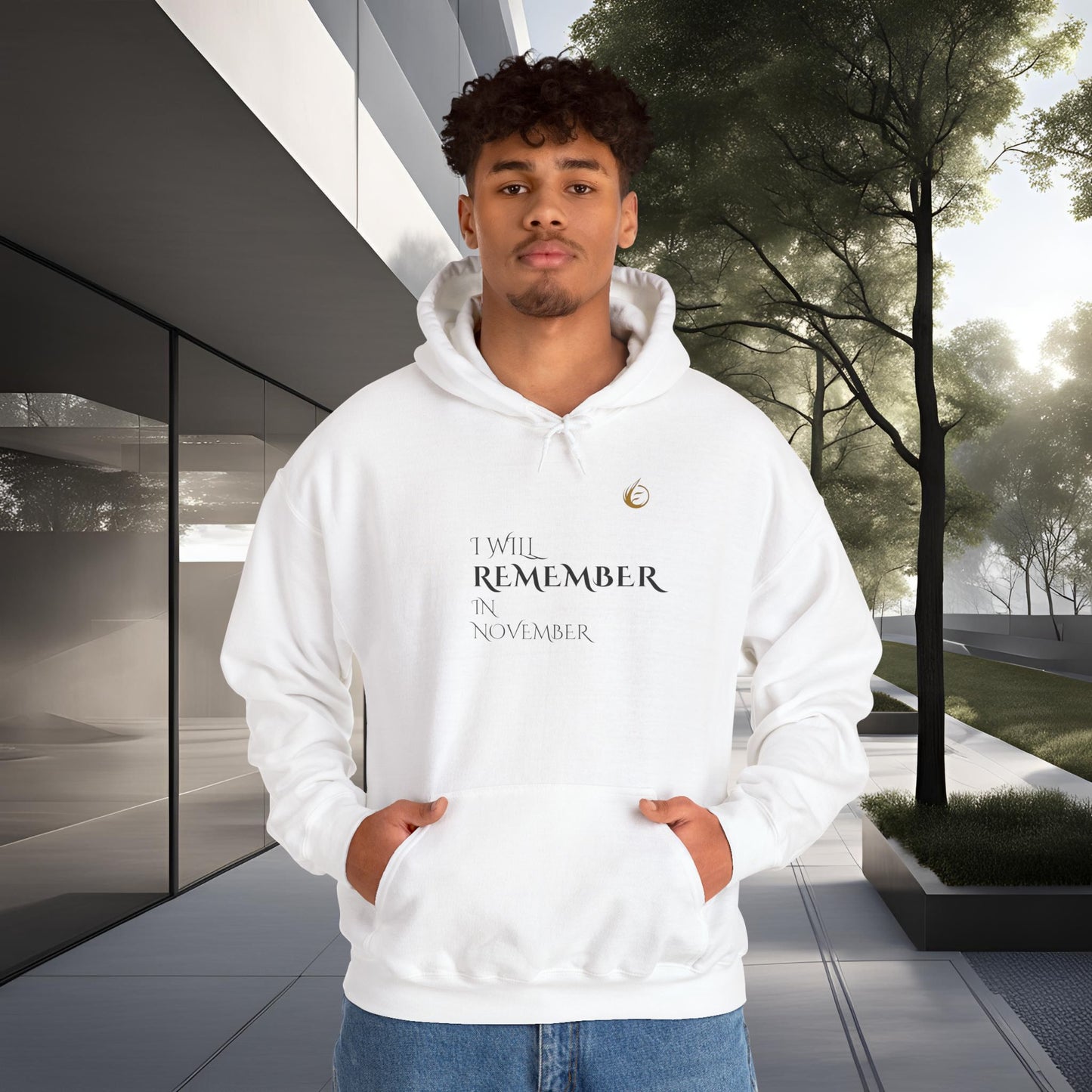 Person wearing a white EssenceInnoCreate Quiet Resolve hoodie