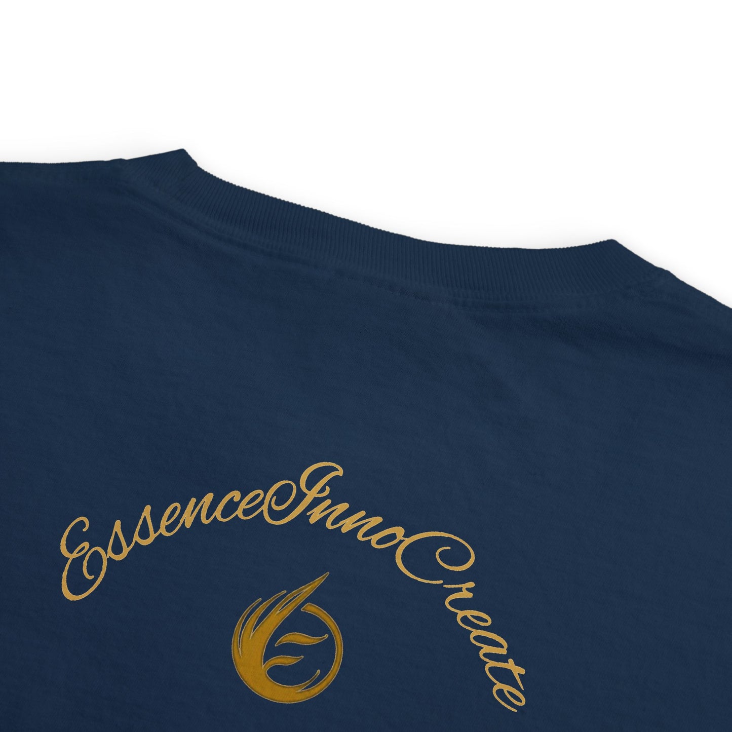 Navy blue shirt with gold 'EssenceInnoCreate' logo on a white background