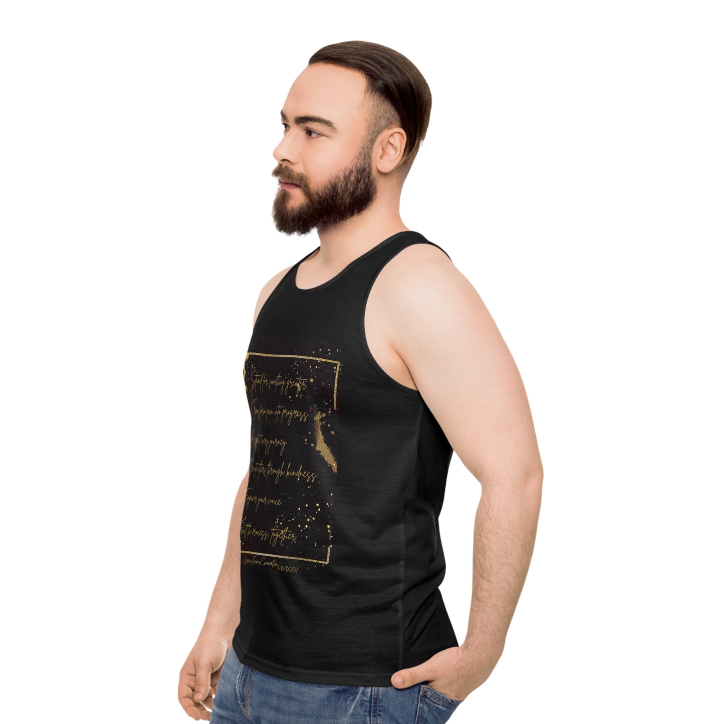 Man wearing a black EssenceInnoCreate tank top with gold design on a white background
