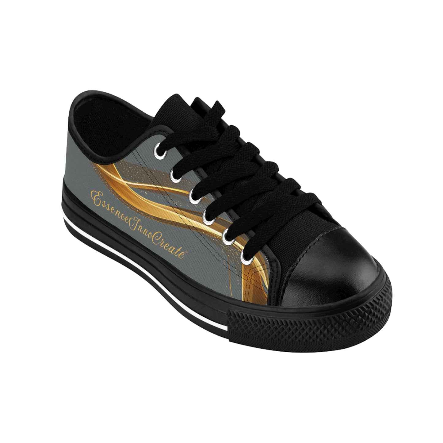 Black and gray 'EssenceInnoCreate' sneaker with gold accents on a white background