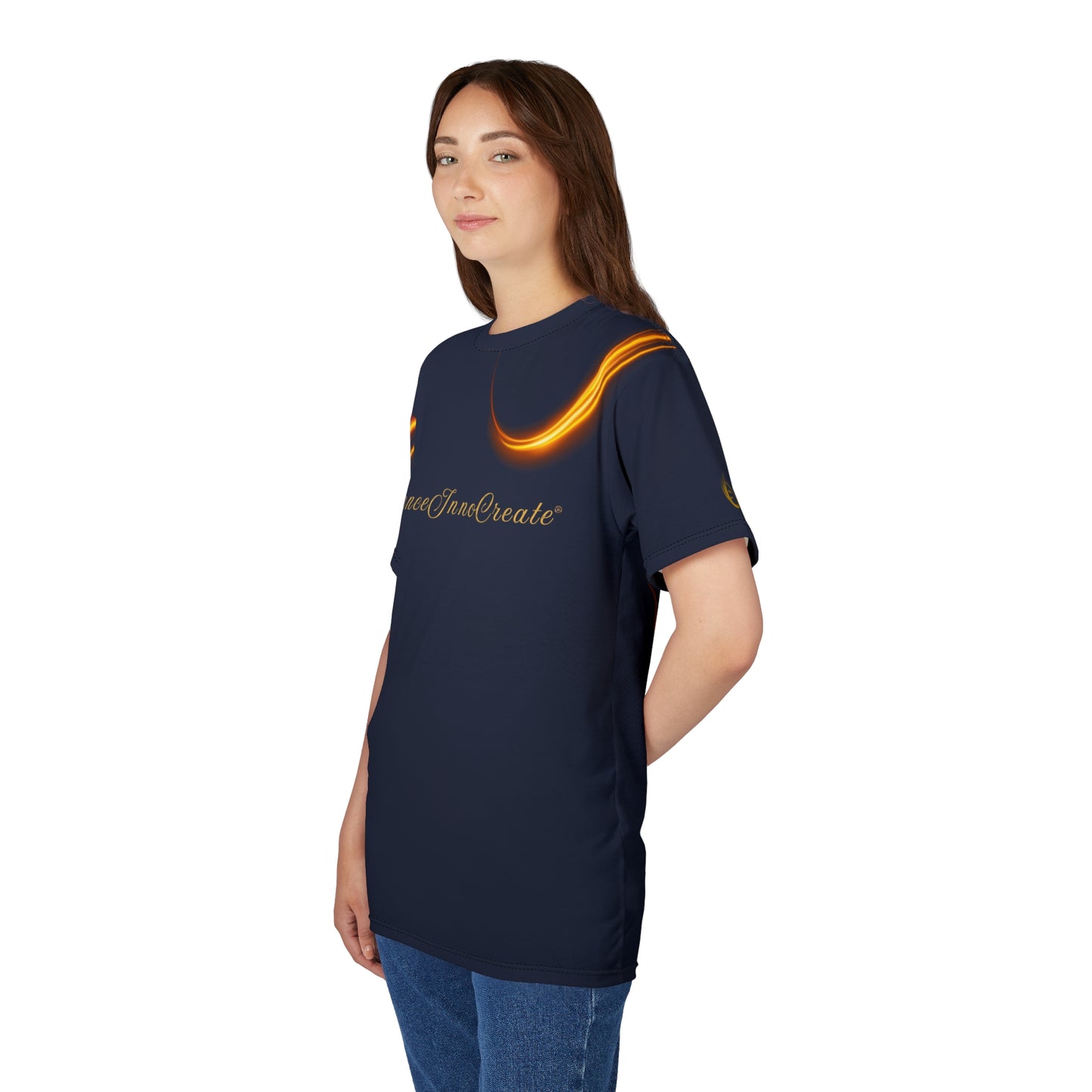 Woman wearing a navy blue t-shirt with a logo and text on a white background