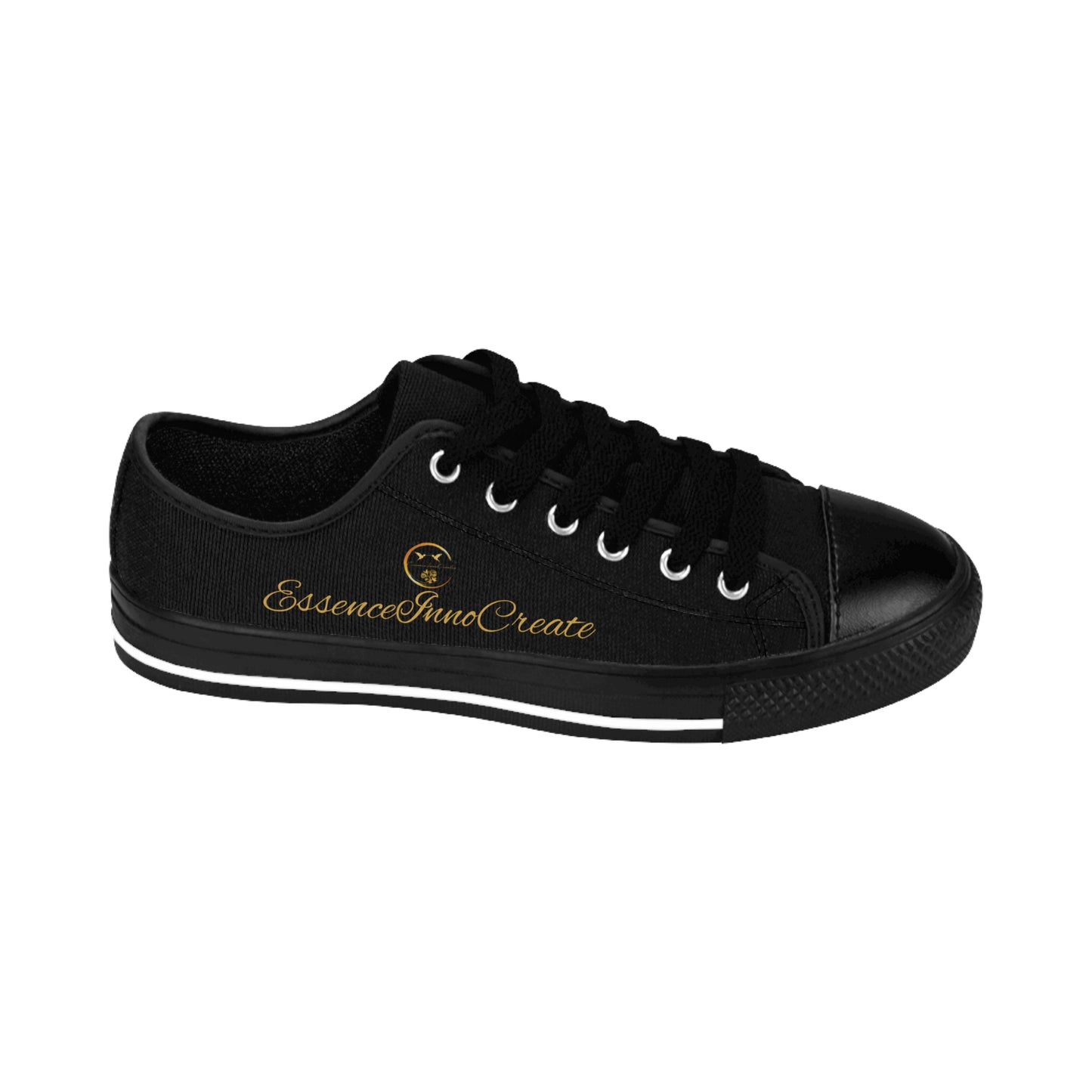 Black 'EssenceInnoCreate'sneaker with branding on a white background