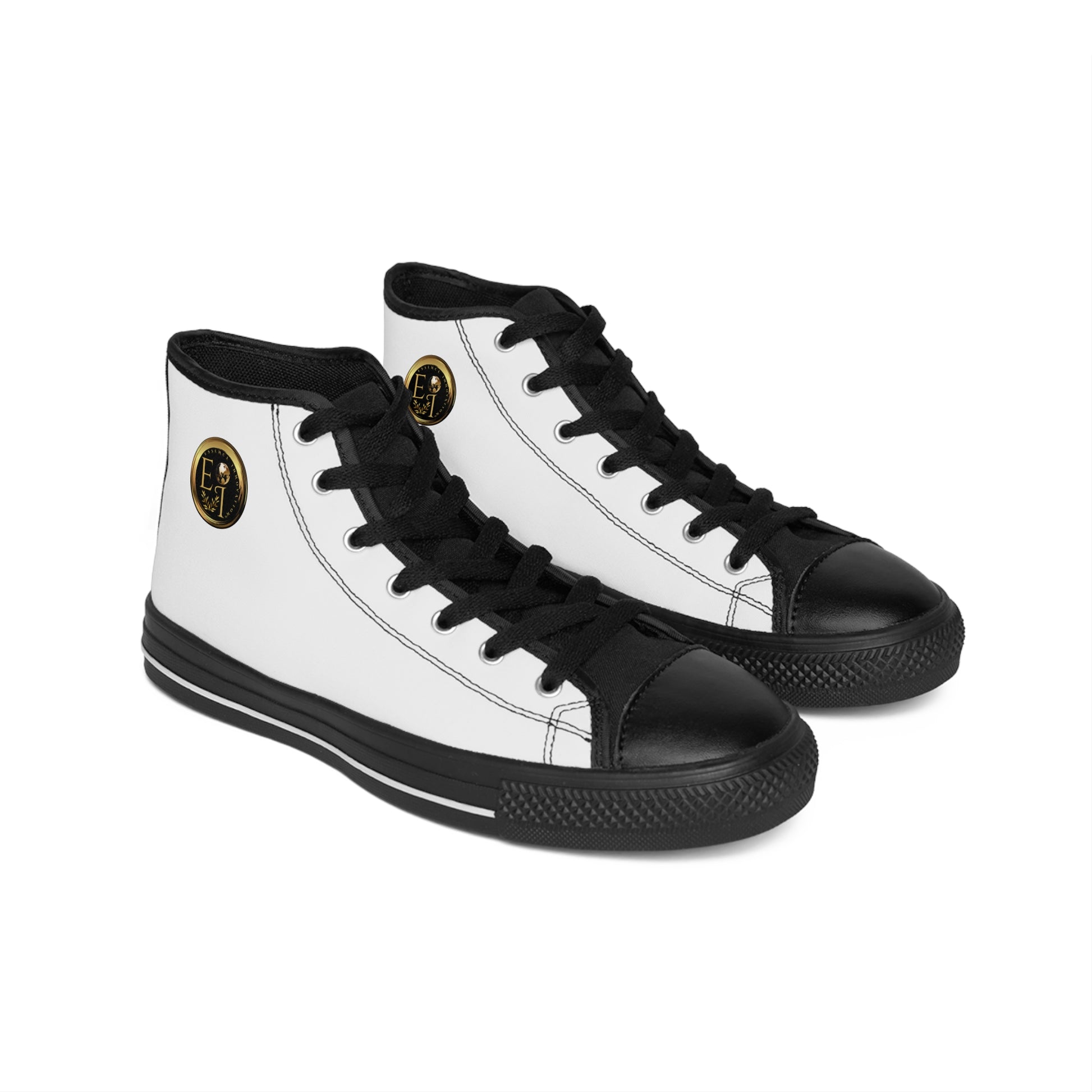 Black and white high-top sneakers with an 'Essence Innovation' logo on a white background