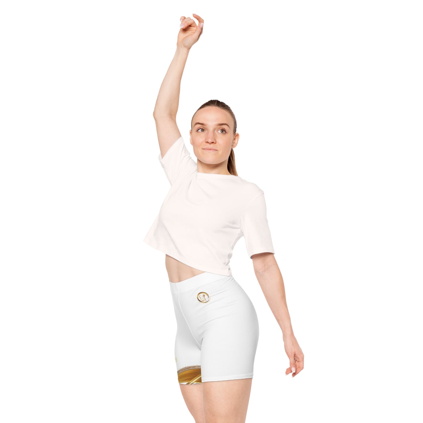 Woman wearing white shorts with a logo on a white background
