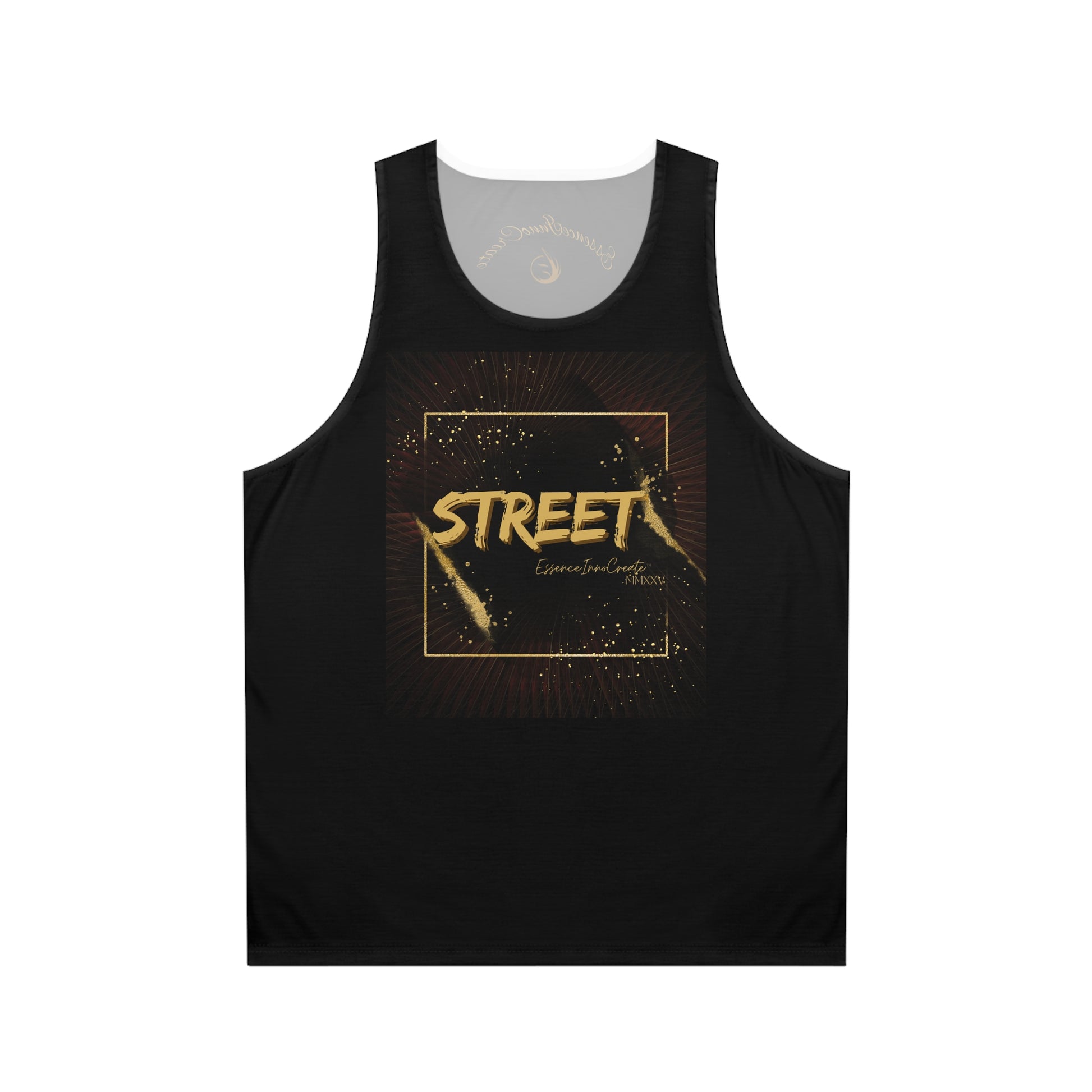 Black EssenceInnoCreate tank top with gold 'STREET' print on a white background