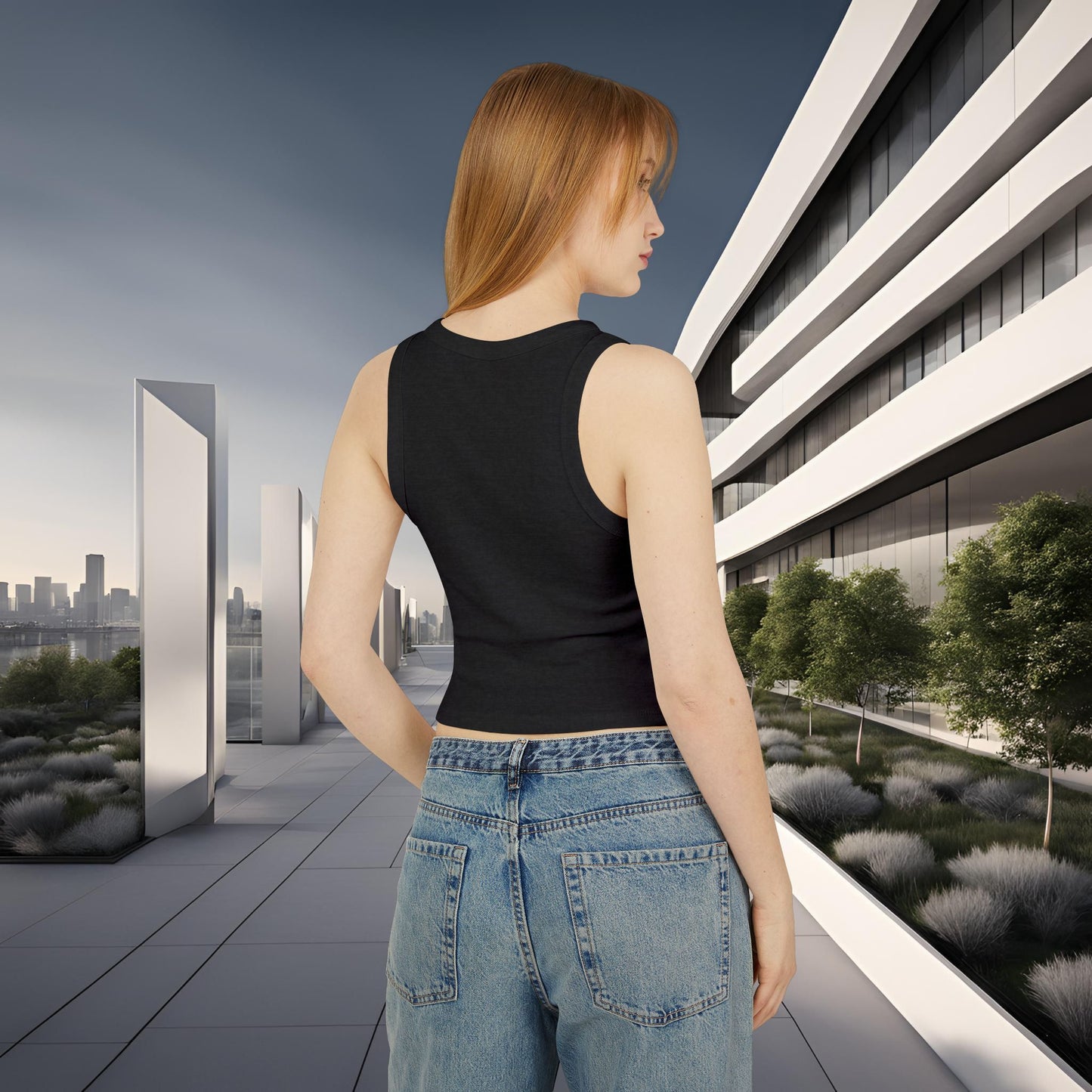 Woman standing in a modern urban setting with a building and cityscape in the background