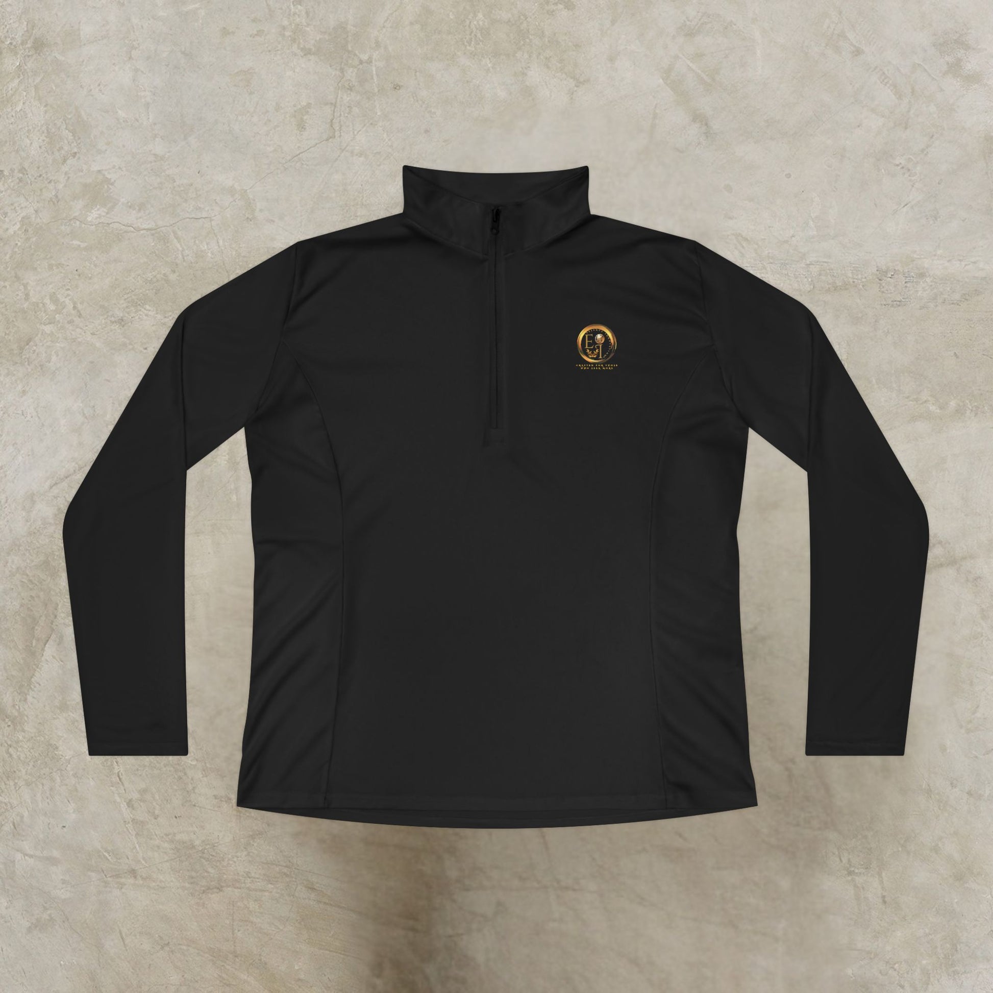 Black Essence Innovation Seek More quarter-zip long-sleeve shirt with a logo on a beige background