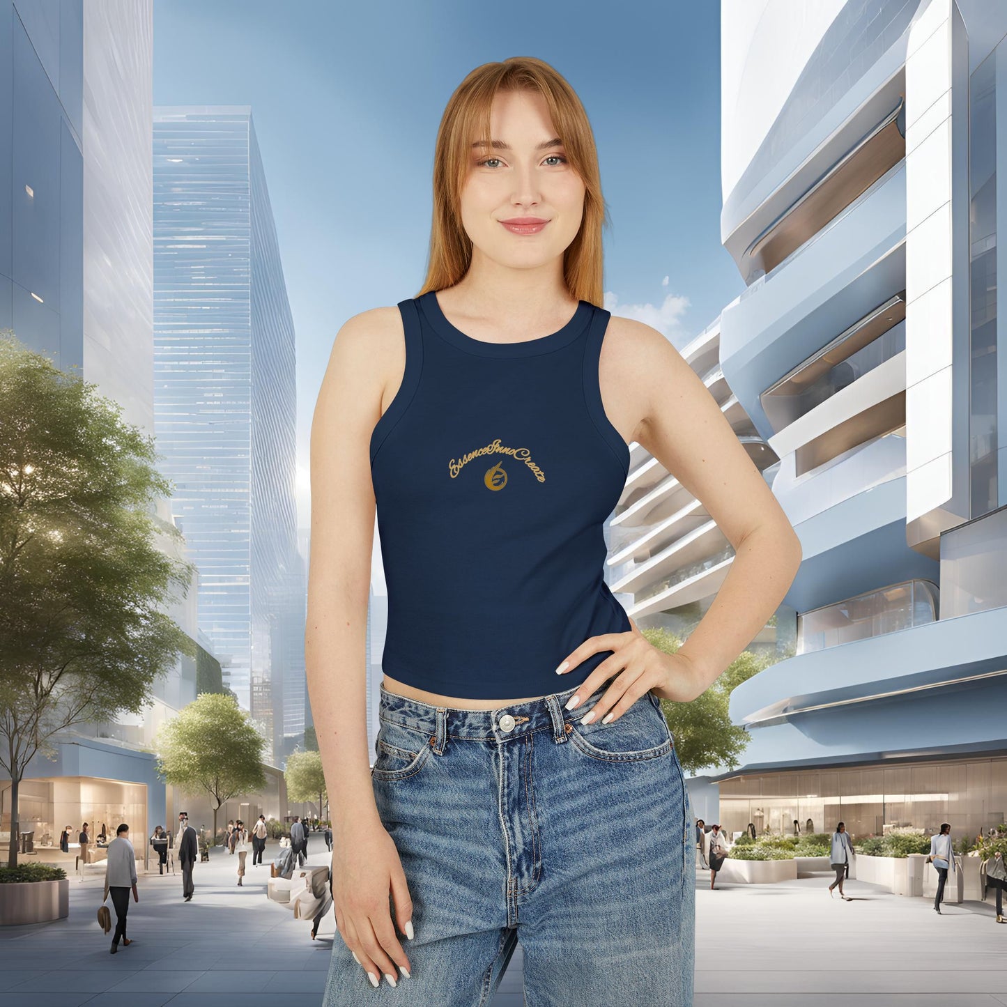 Woman wearing a navy blue tank top with an EssenceInnoCreate logo in an urban setting