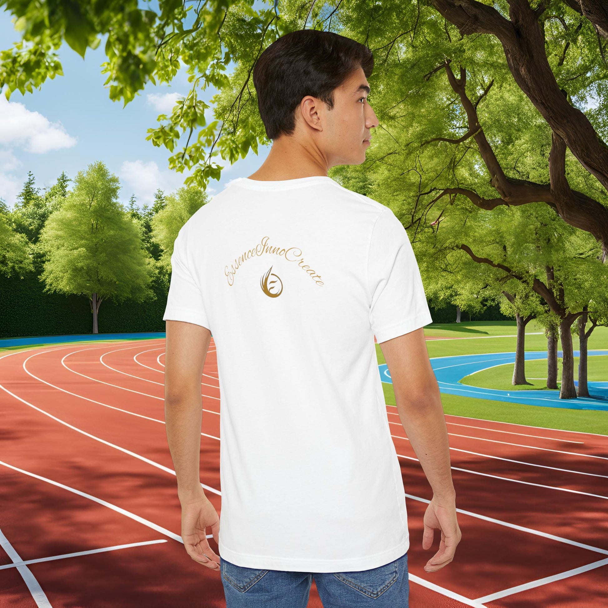 Person wearing a white t-shirt with 'EssenceInnoCreate' logo on the back, standing on a running track with greenery in the background