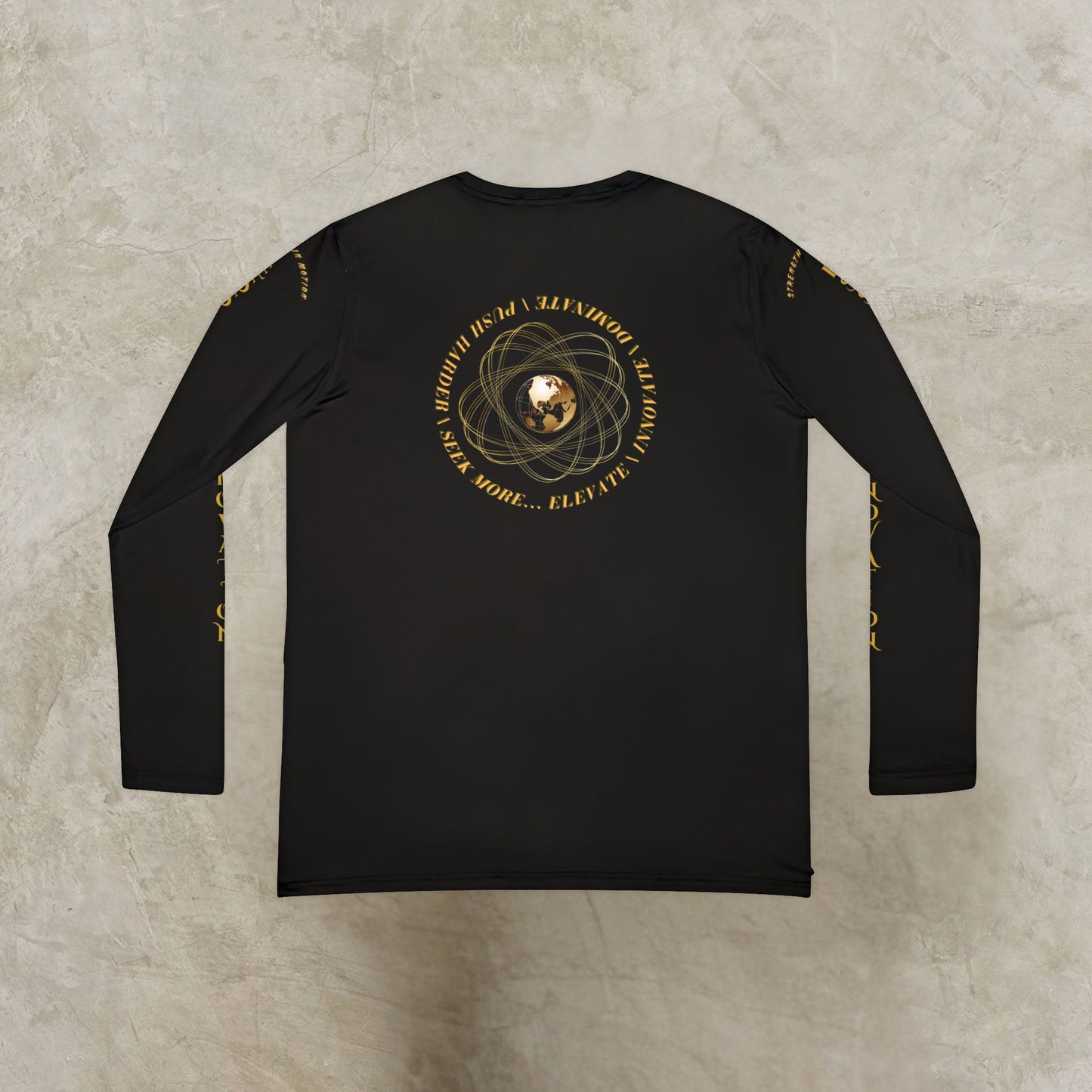 Black Essence Innovation Seek More long-sleeve shirt with gold design on a textured beige background