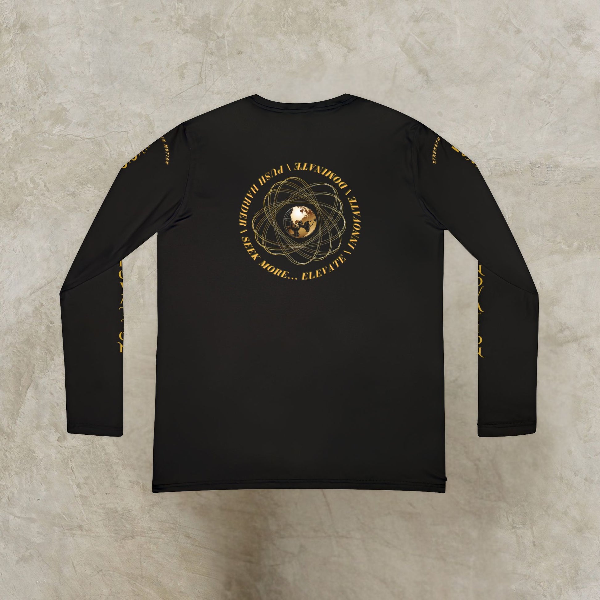 Black Essence Innovation Seek More long-sleeve shirt with gold design on a textured beige background
