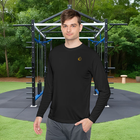 Man wearing a black long-sleeve shirt with 'EssenceInnoCreate' logo in an outdoor fitness area.