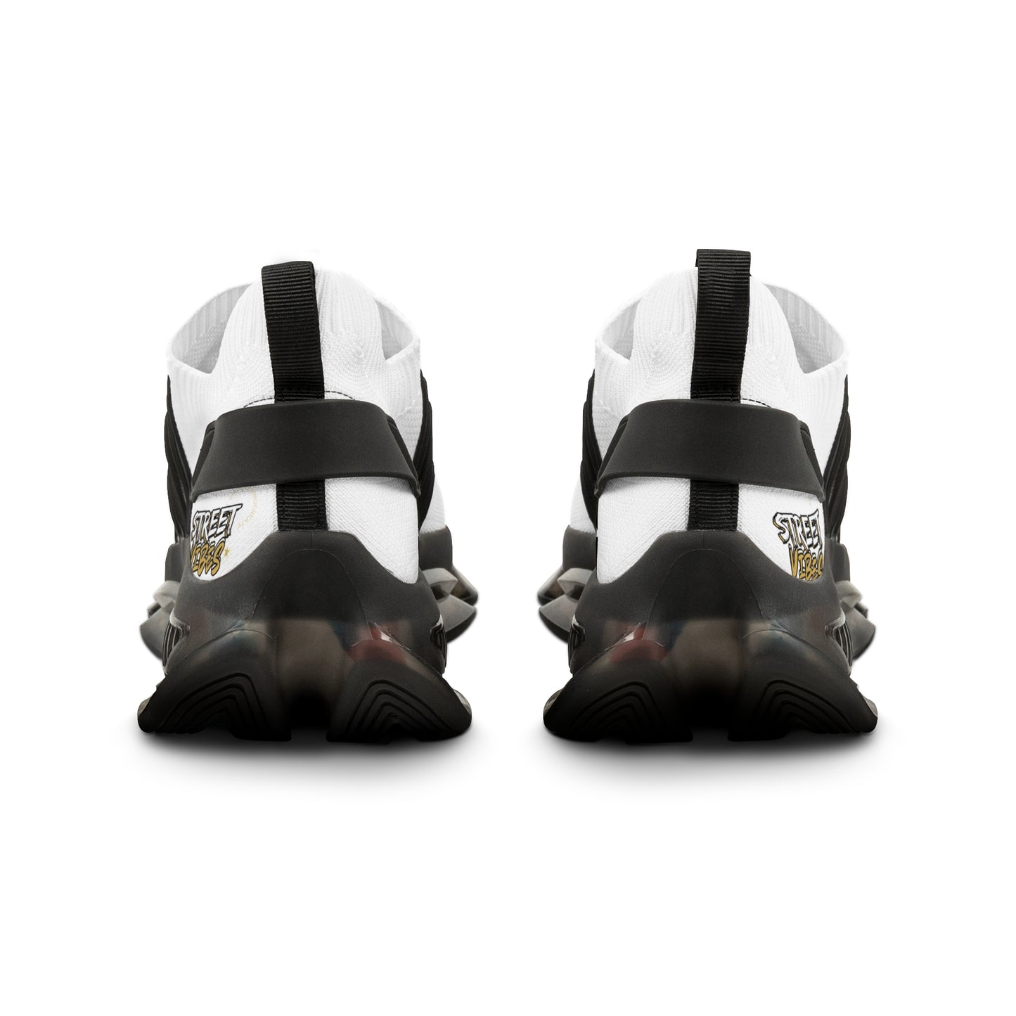 Pair of white and black Essence Innovation 'Street Vibes' low-top sneakers with a brand logo on a white background