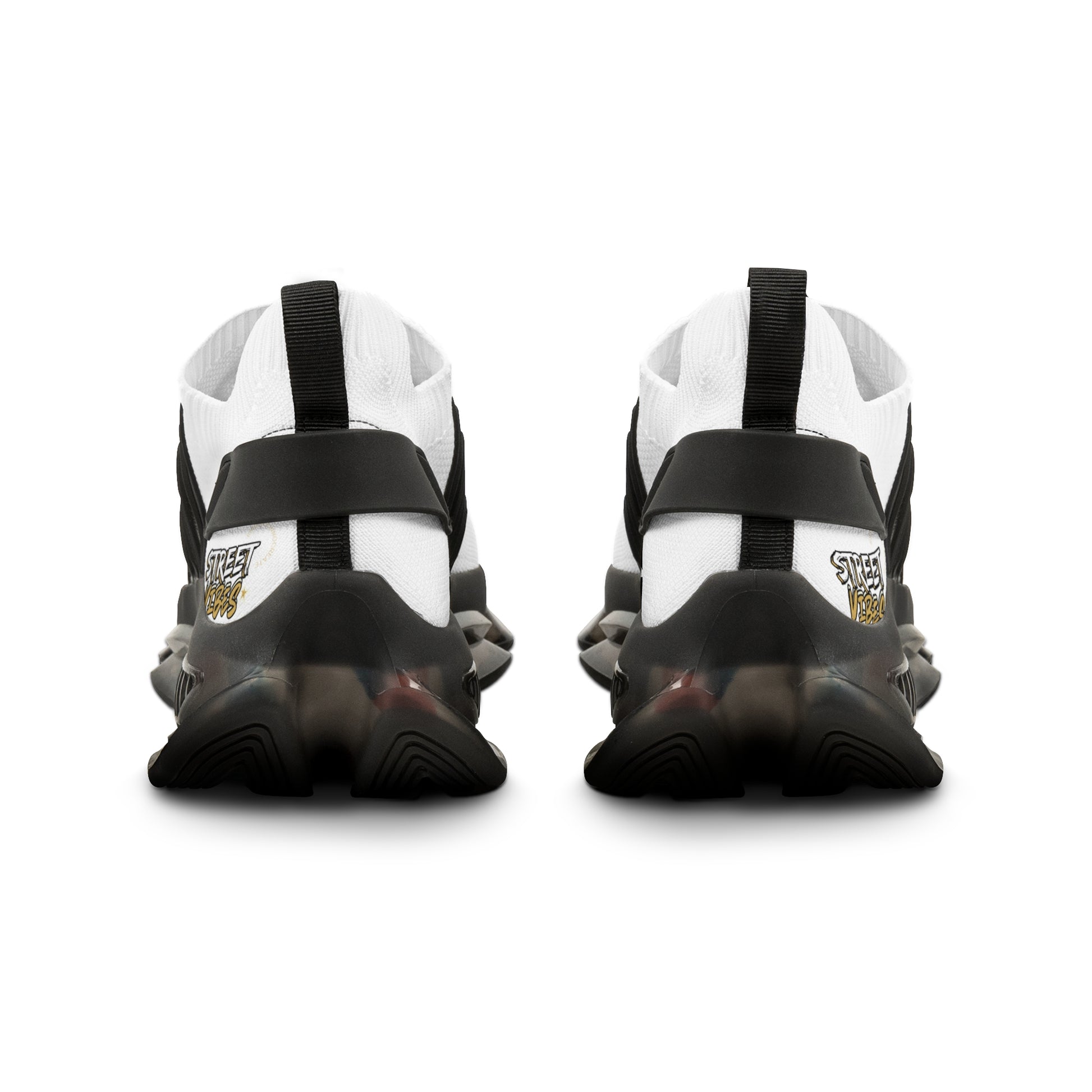 Pair of white and black Essence Innovation 'Street Vibes' low-top sneakers with a brand logo on a white background