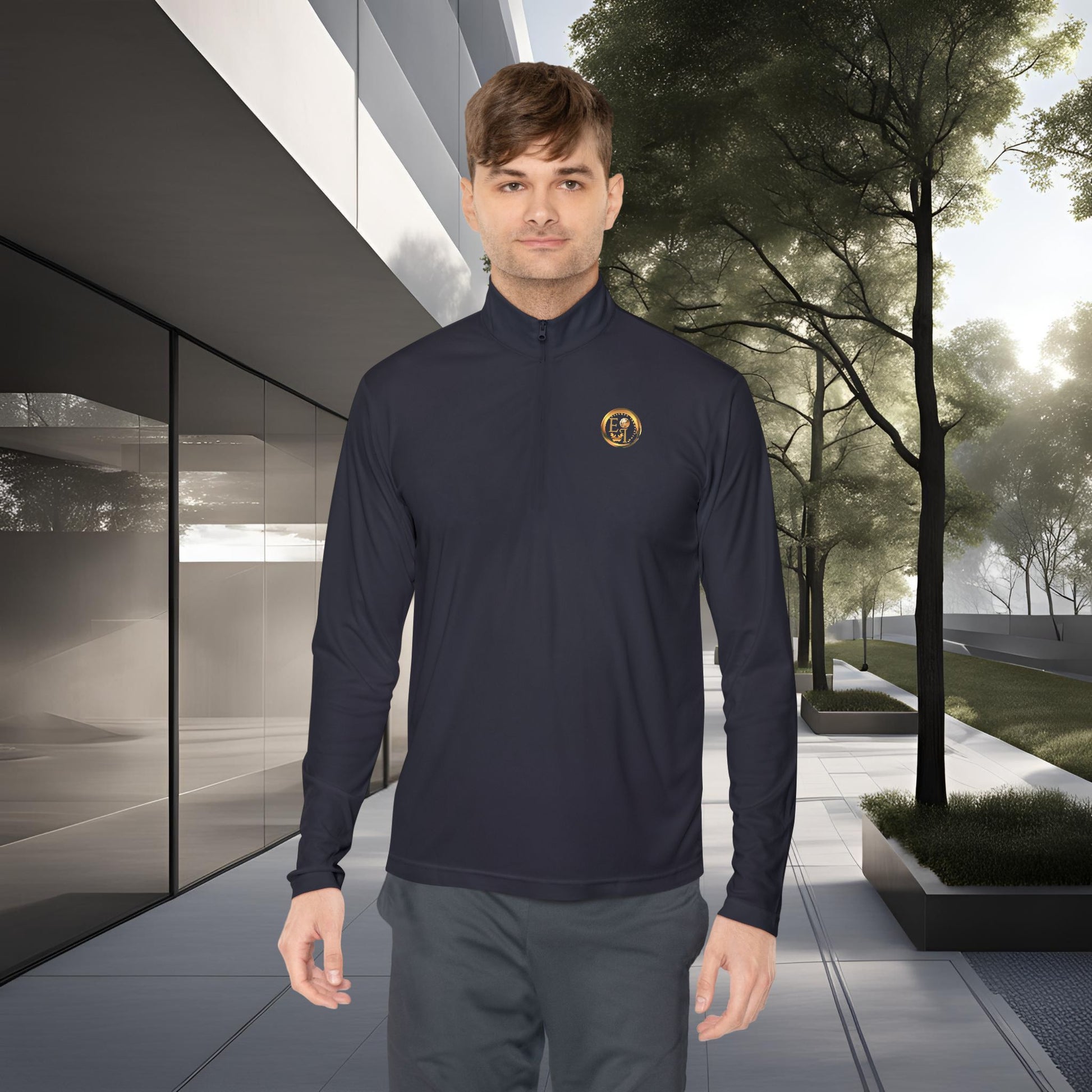 Man wearing a navy long-sleeve shirt with an Essence Innovation logo in an outdoor setting